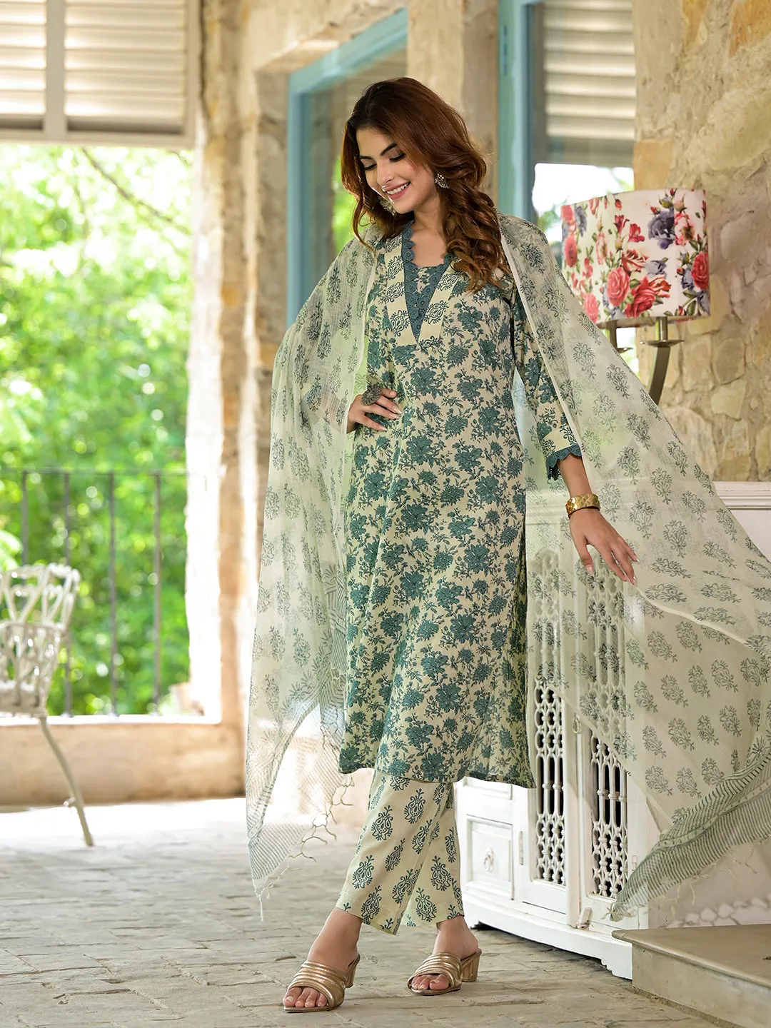 Jashvi Bottle Green Floral Print Cotton Kurta Set for Women
