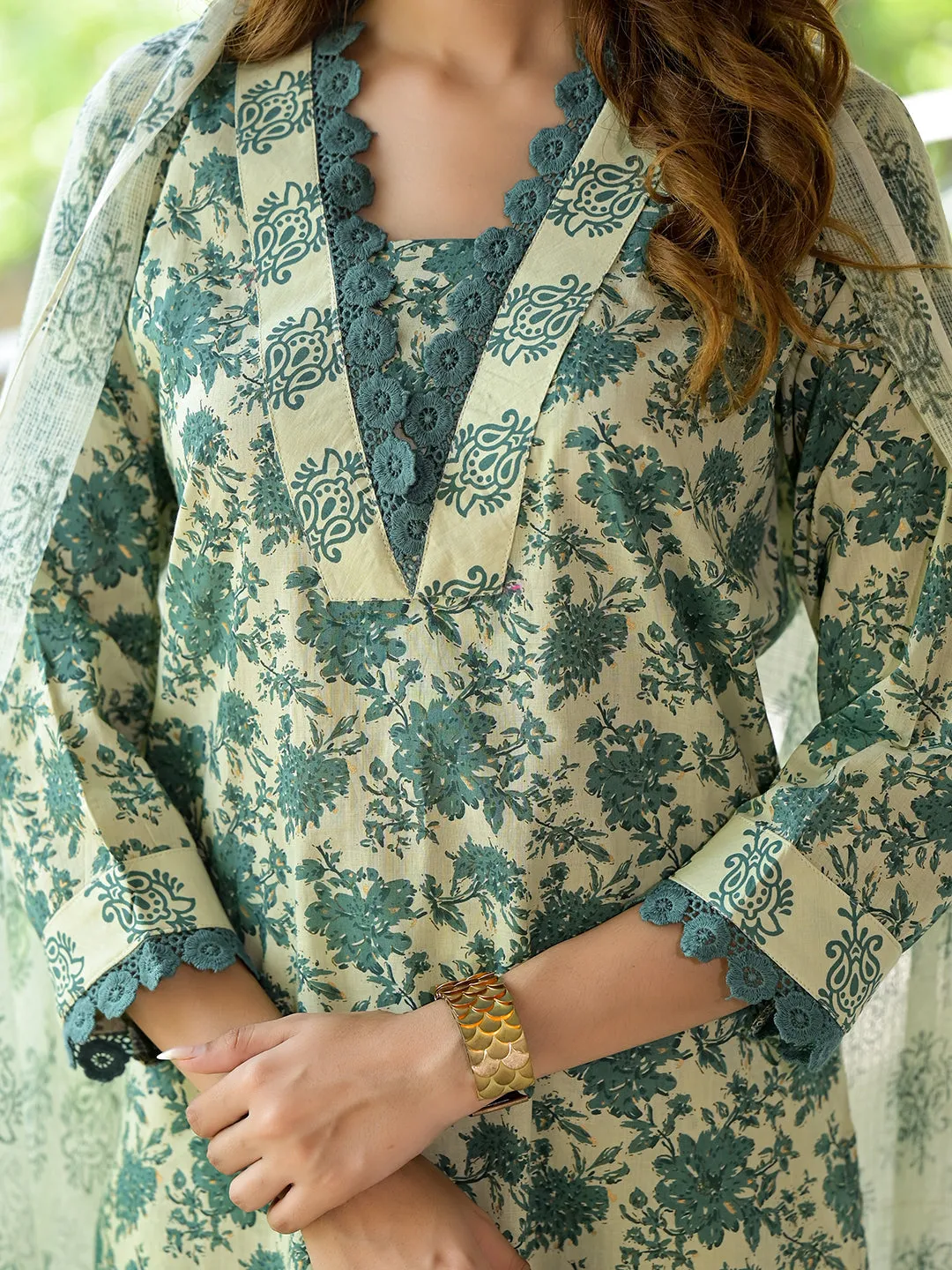 Jashvi Bottle Green Floral Print Cotton Kurta Set for Women