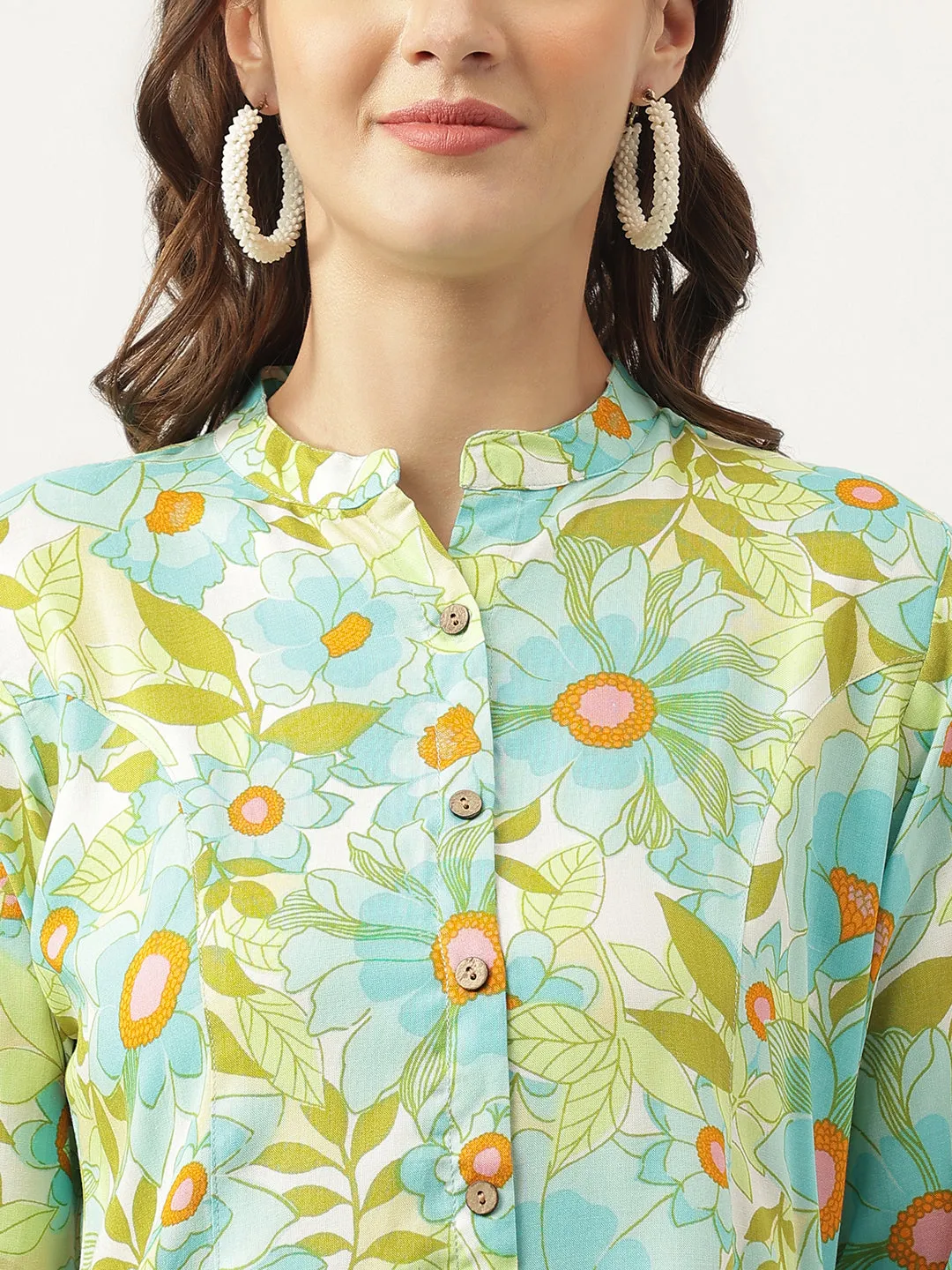 Jashvi Green Floral Printed Rayon Shirt Style Top