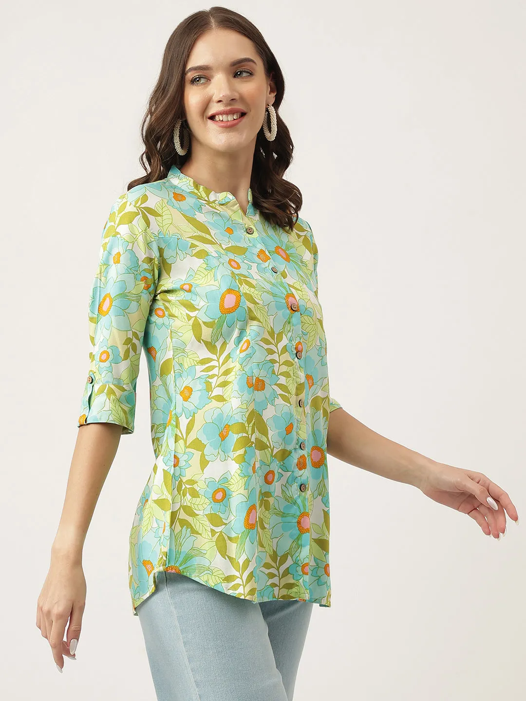 Jashvi Green Floral Printed Rayon Shirt Style Top