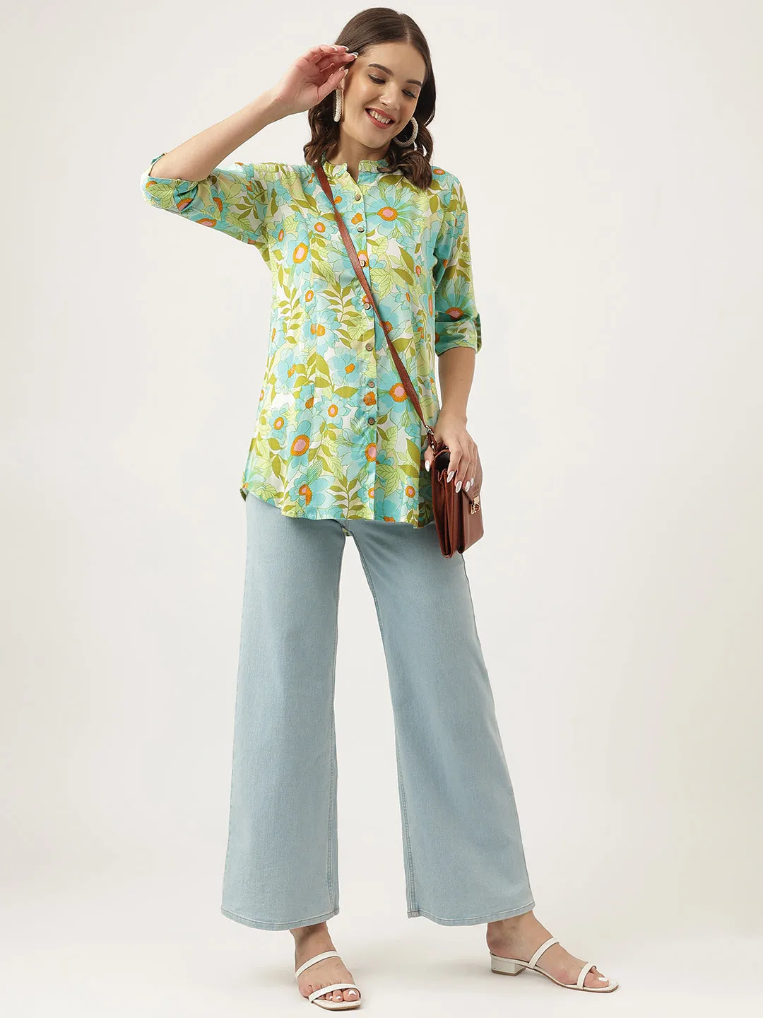 Jashvi Green Floral Printed Rayon Shirt Style Top