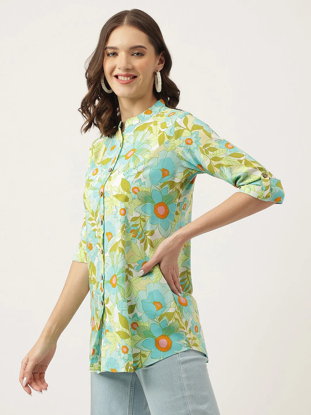 Jashvi Green Floral Printed Rayon Shirt Style Top