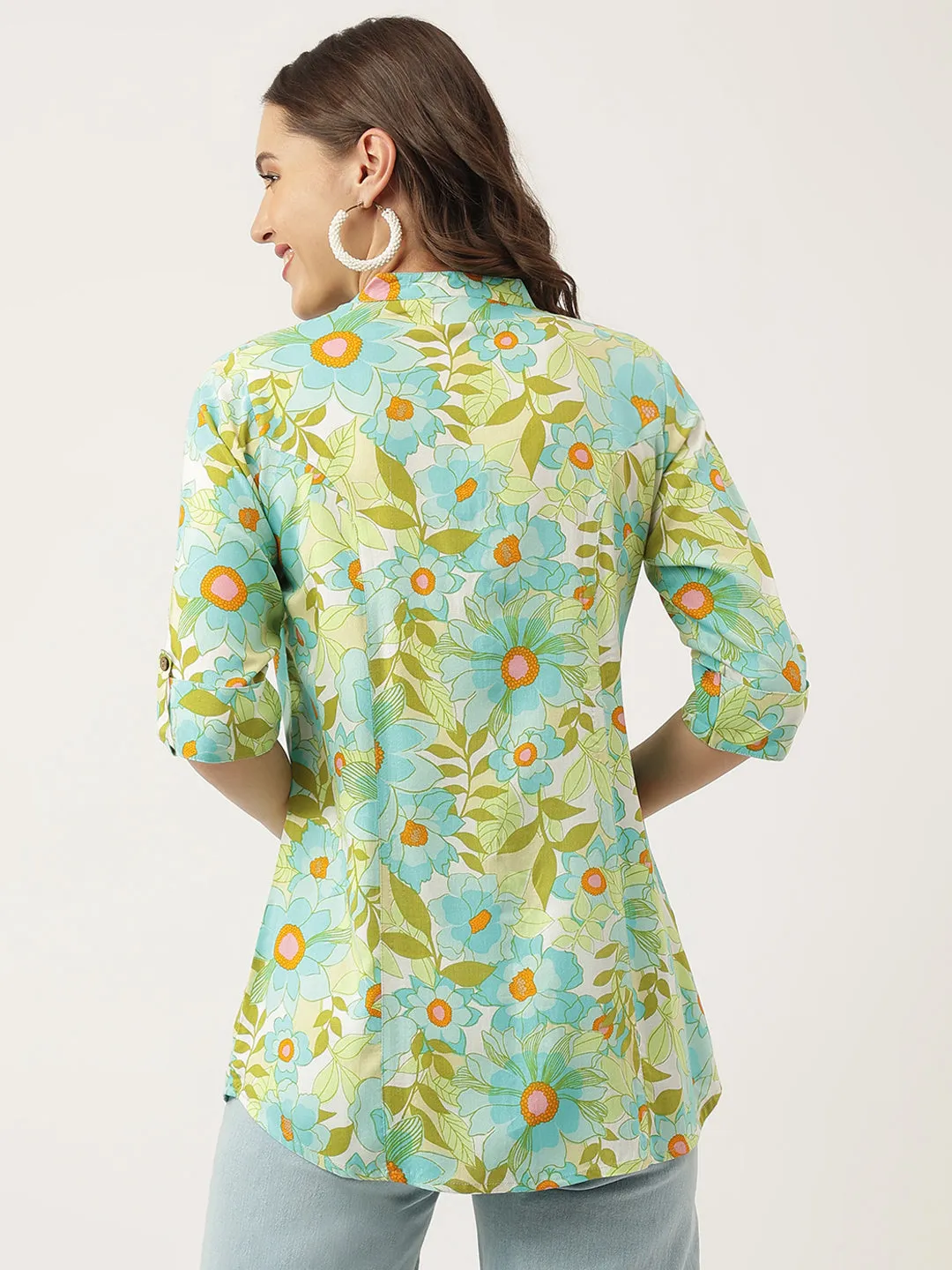 Jashvi Green Floral Printed Rayon Shirt Style Top