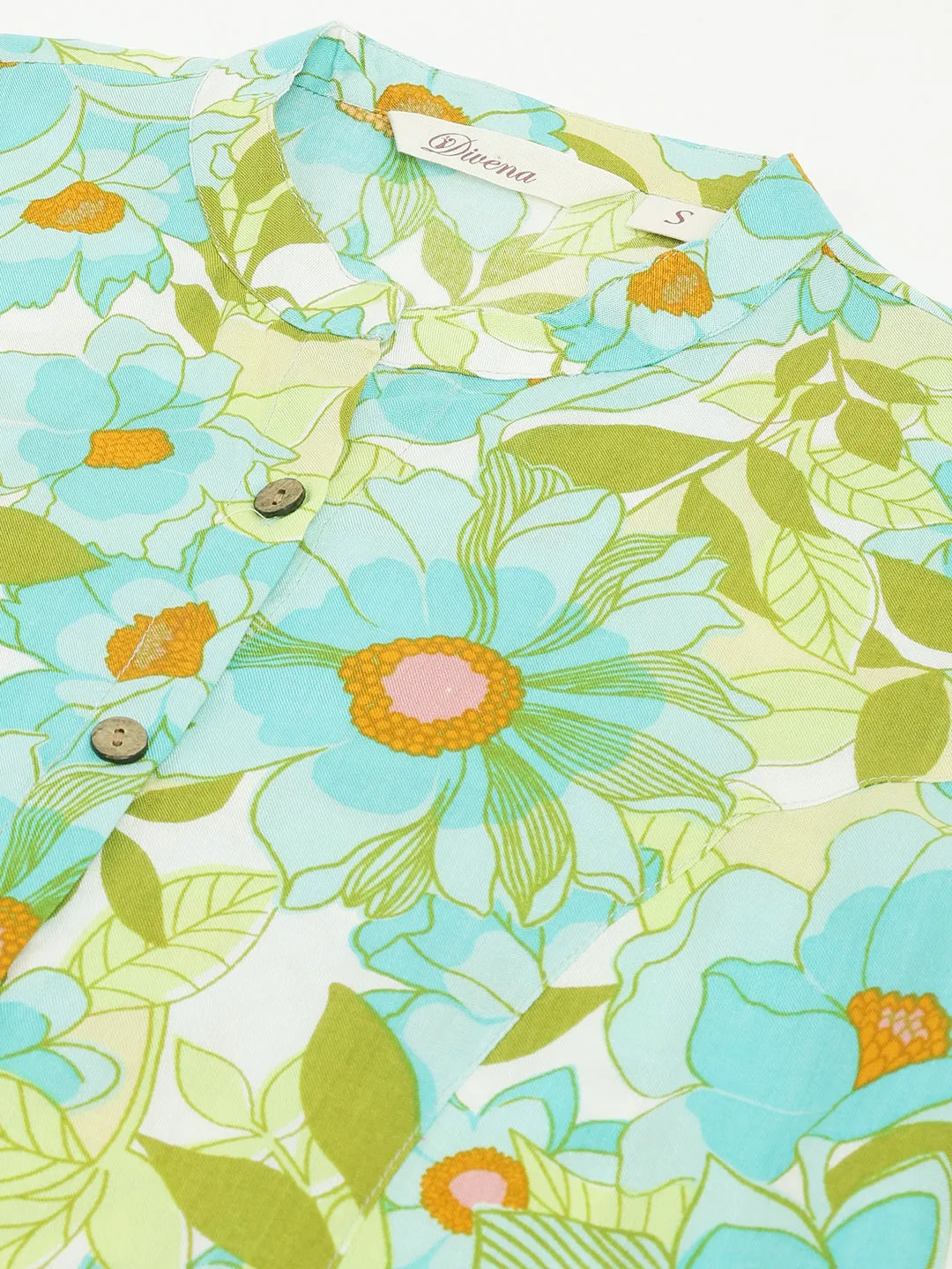 Jashvi Green Floral Printed Rayon Shirt Style Top