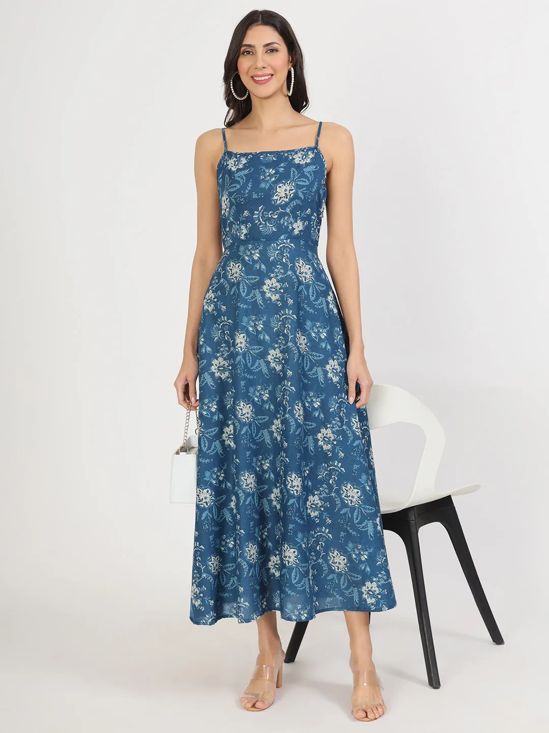 Jashvi Indigo Blue Cotton Long Dress for Women