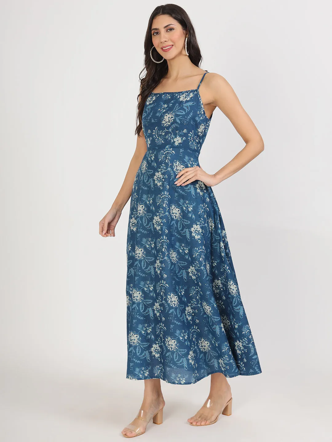 Jashvi Indigo Blue Cotton Long Dress for Women