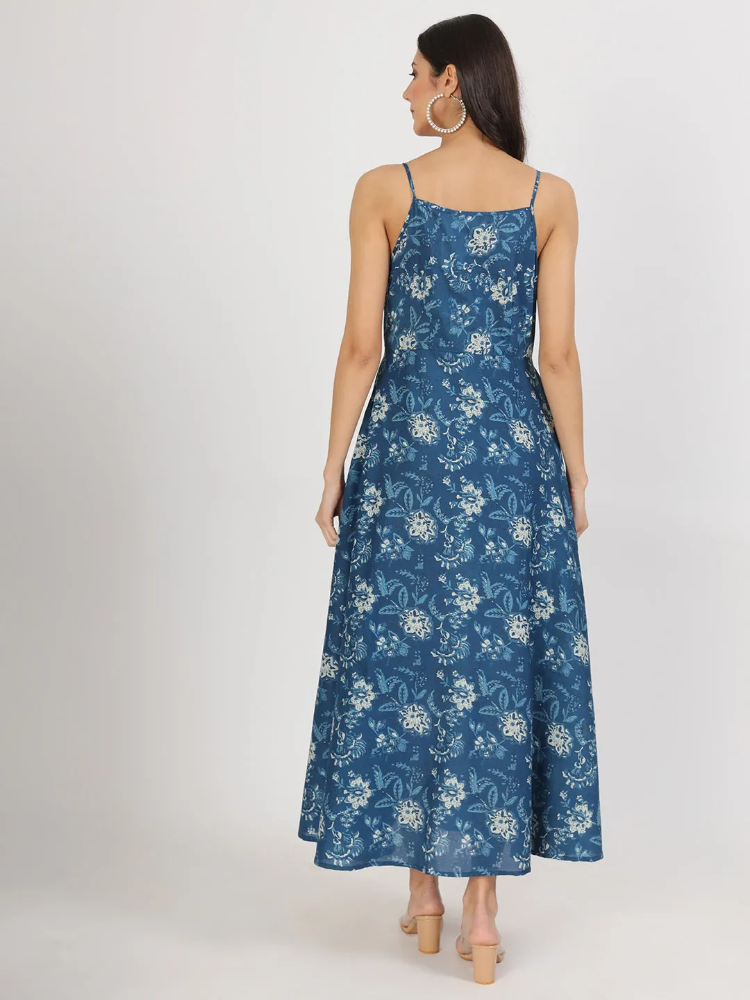Jashvi Indigo Blue Cotton Long Dress for Women