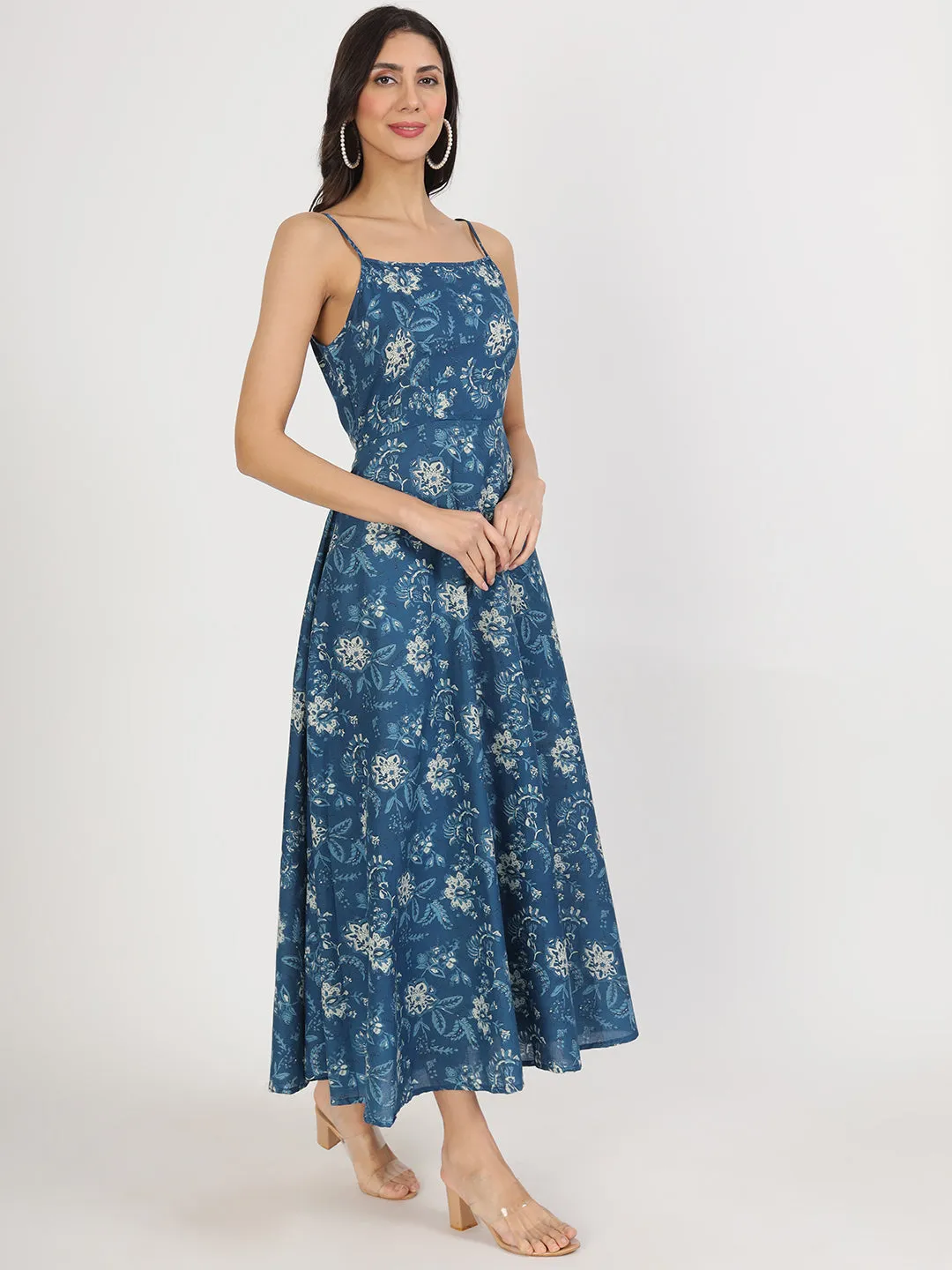 Jashvi Indigo Blue Cotton Long Dress for Women