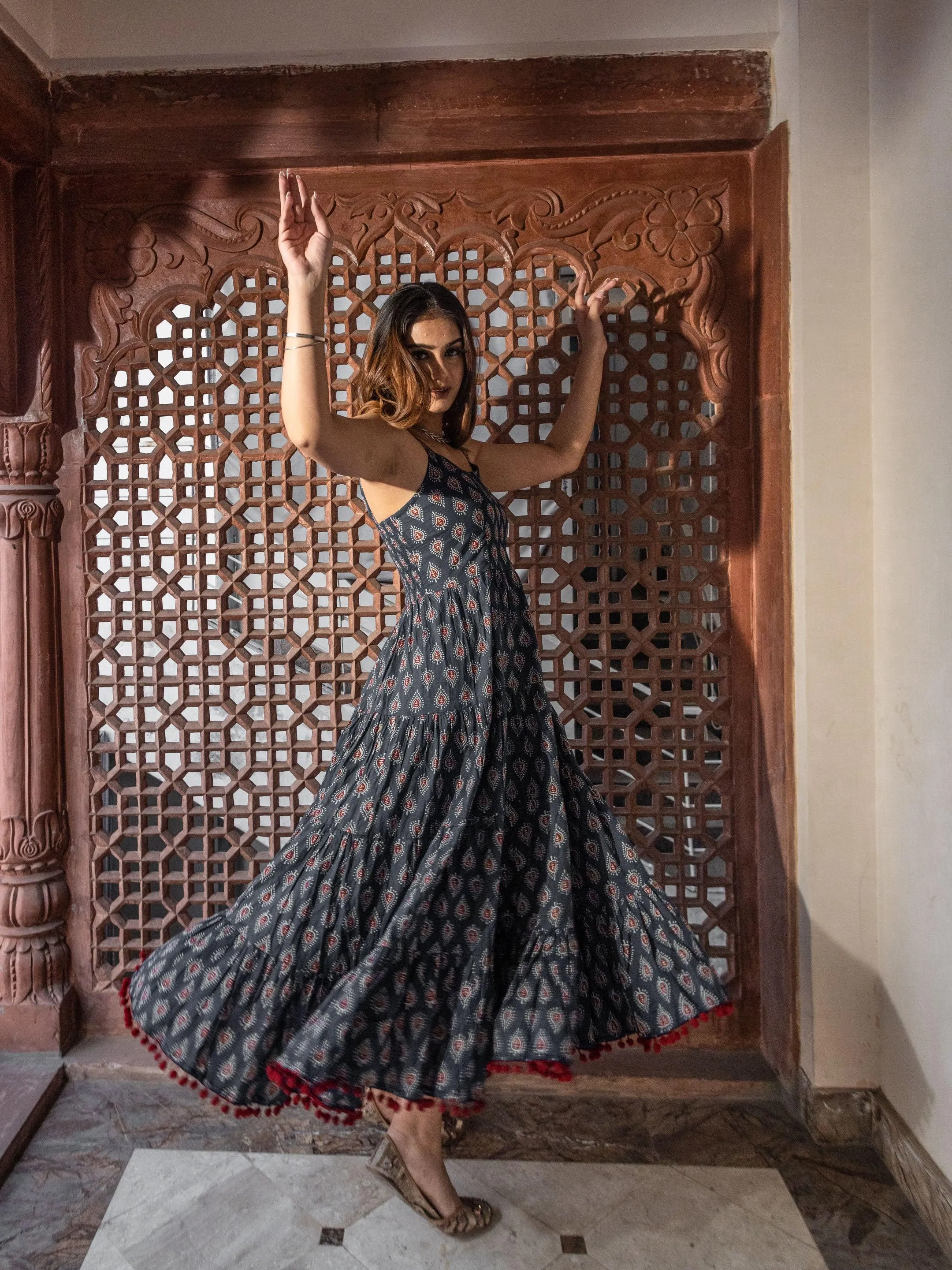 Jashvi Navy Blue Buti Printed Shoulder Strip Long dress