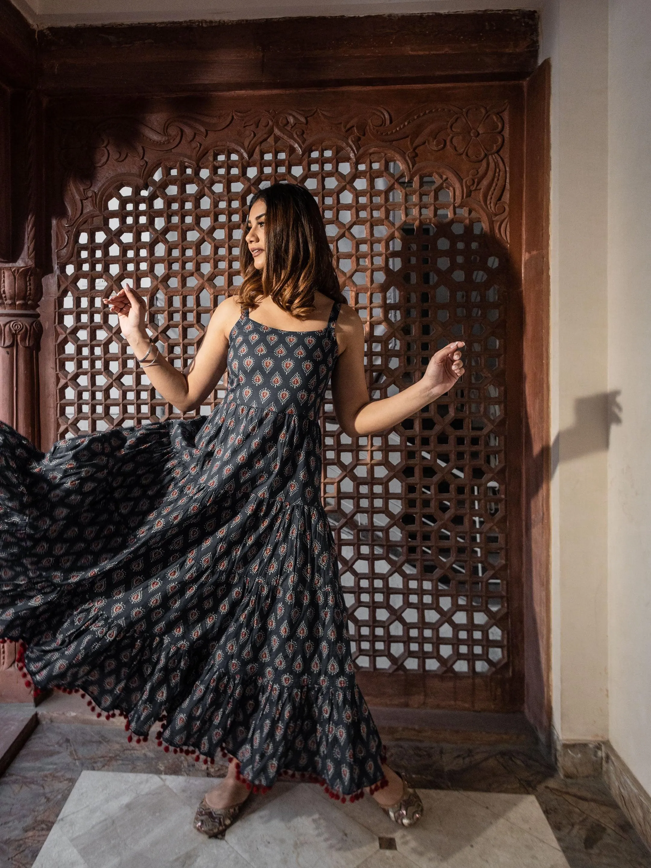Jashvi Navy Blue Buti Printed Shoulder Strip Long dress