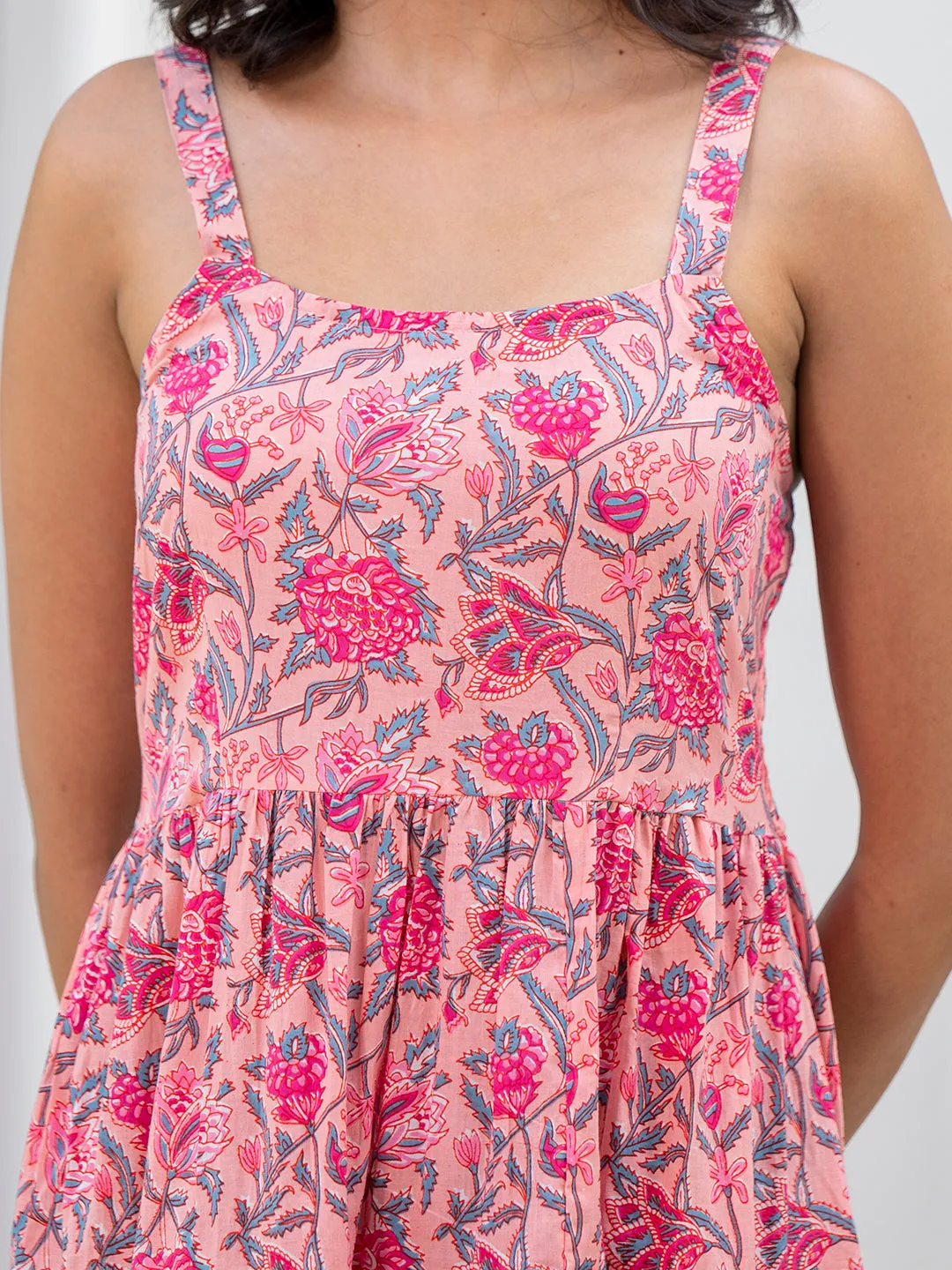 Jashvi Pink Floral Printed Shoulder Strip Calf Long Ethnic Dress for Women