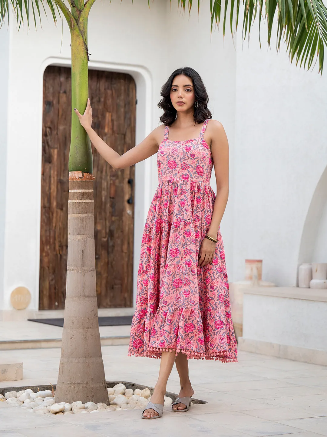 Jashvi Pink Floral Printed Shoulder Strip Calf Long Ethnic Dress for Women