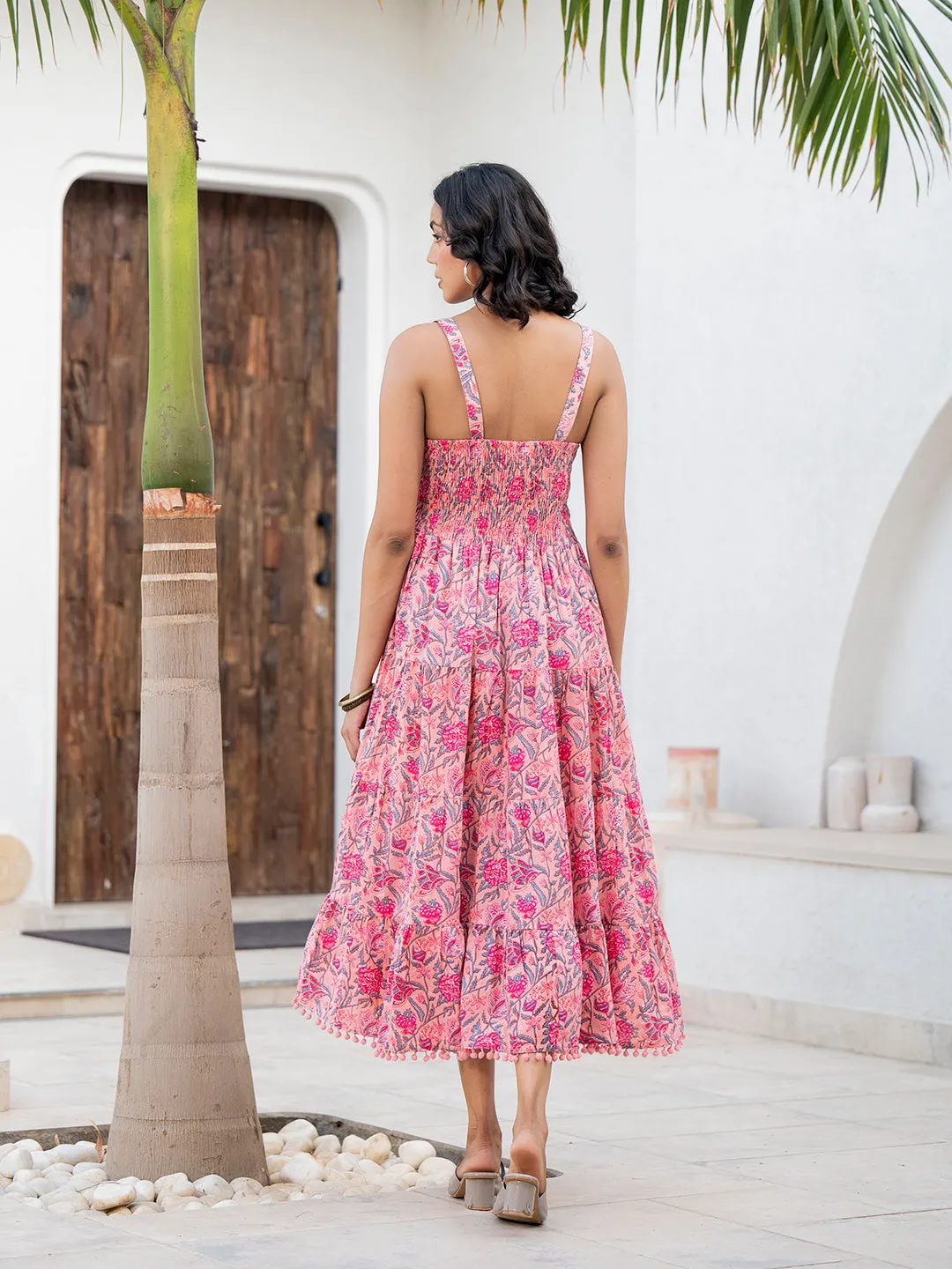Jashvi Pink Floral Printed Shoulder Strip Calf Long Ethnic Dress for Women