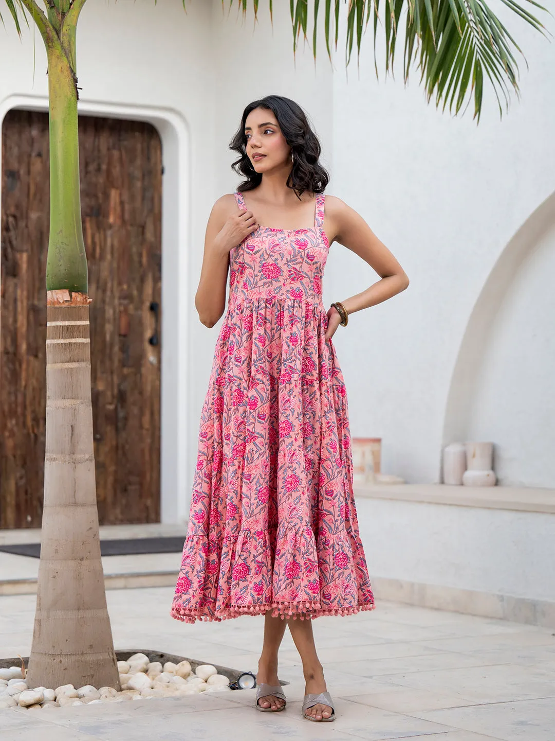 Jashvi Pink Floral Printed Shoulder Strip Calf Long Ethnic Dress for Women