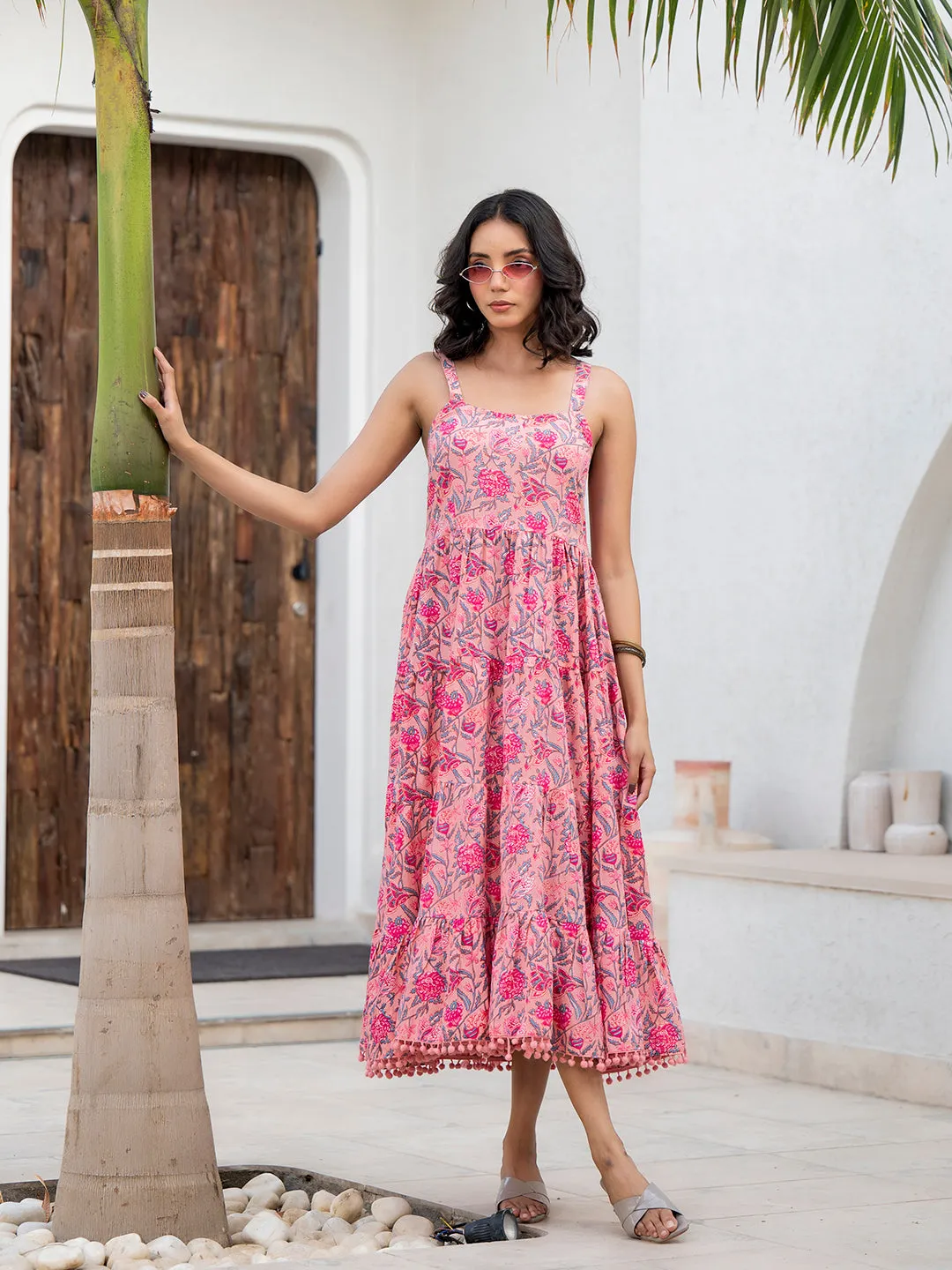 Jashvi Pink Floral Printed Shoulder Strip Calf Long Ethnic Dress for Women