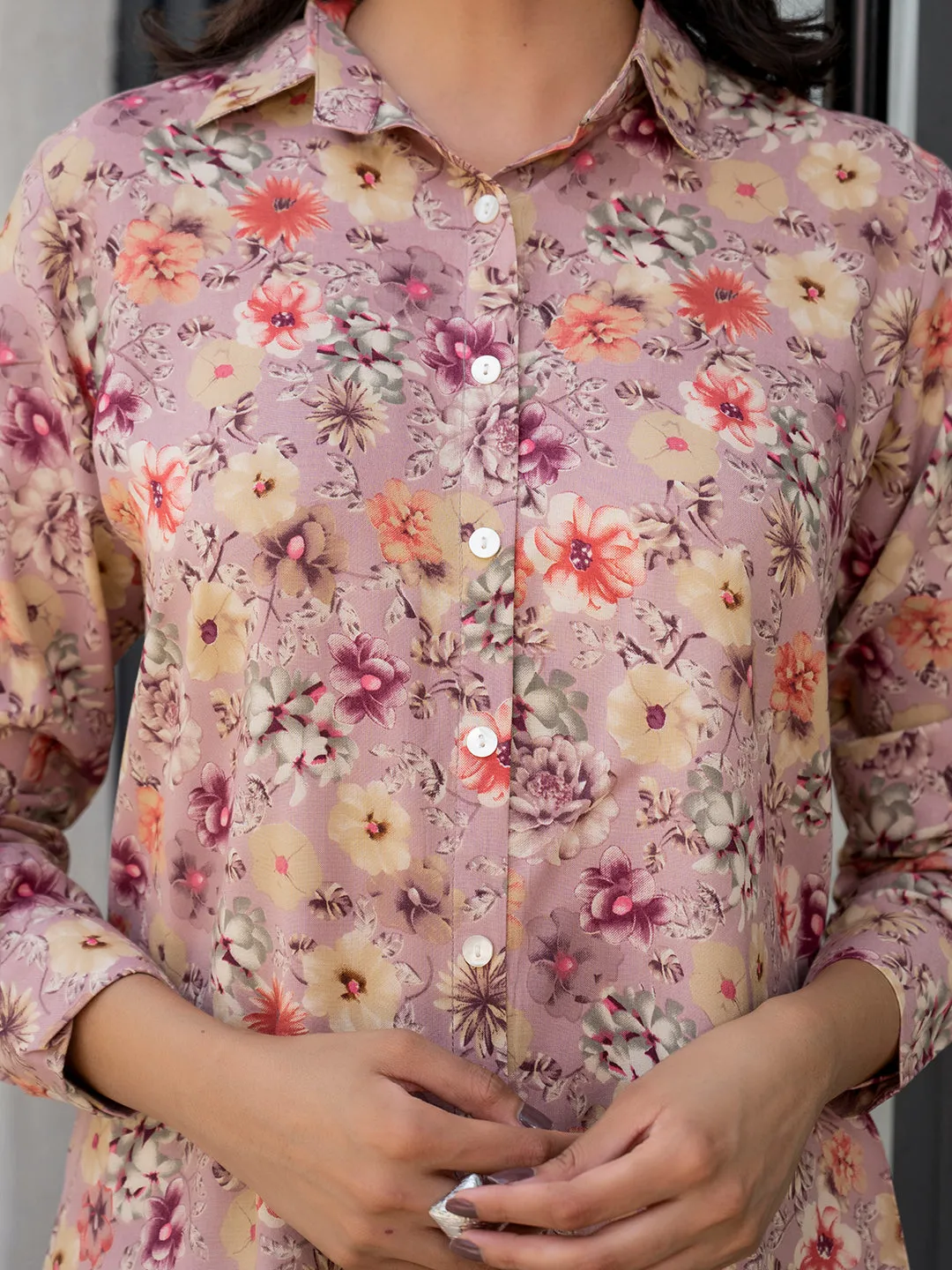 Jashvi Purple Multi Floral Printed Rayon Co-ord Set