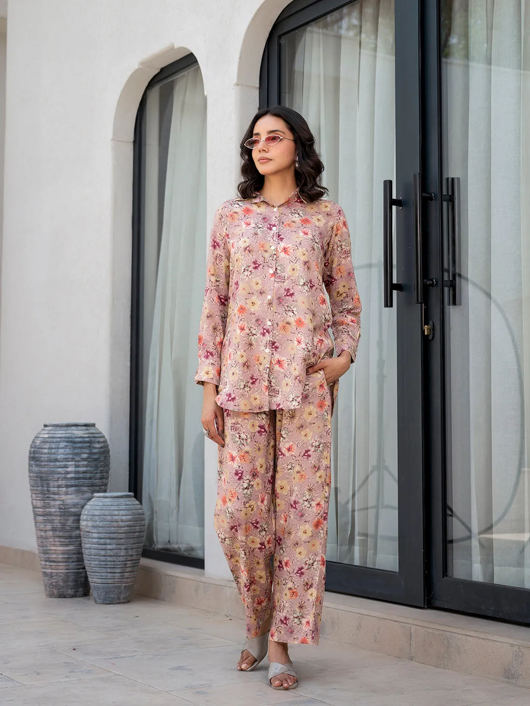 Jashvi Purple Multi Floral Printed Rayon Co-ord Set