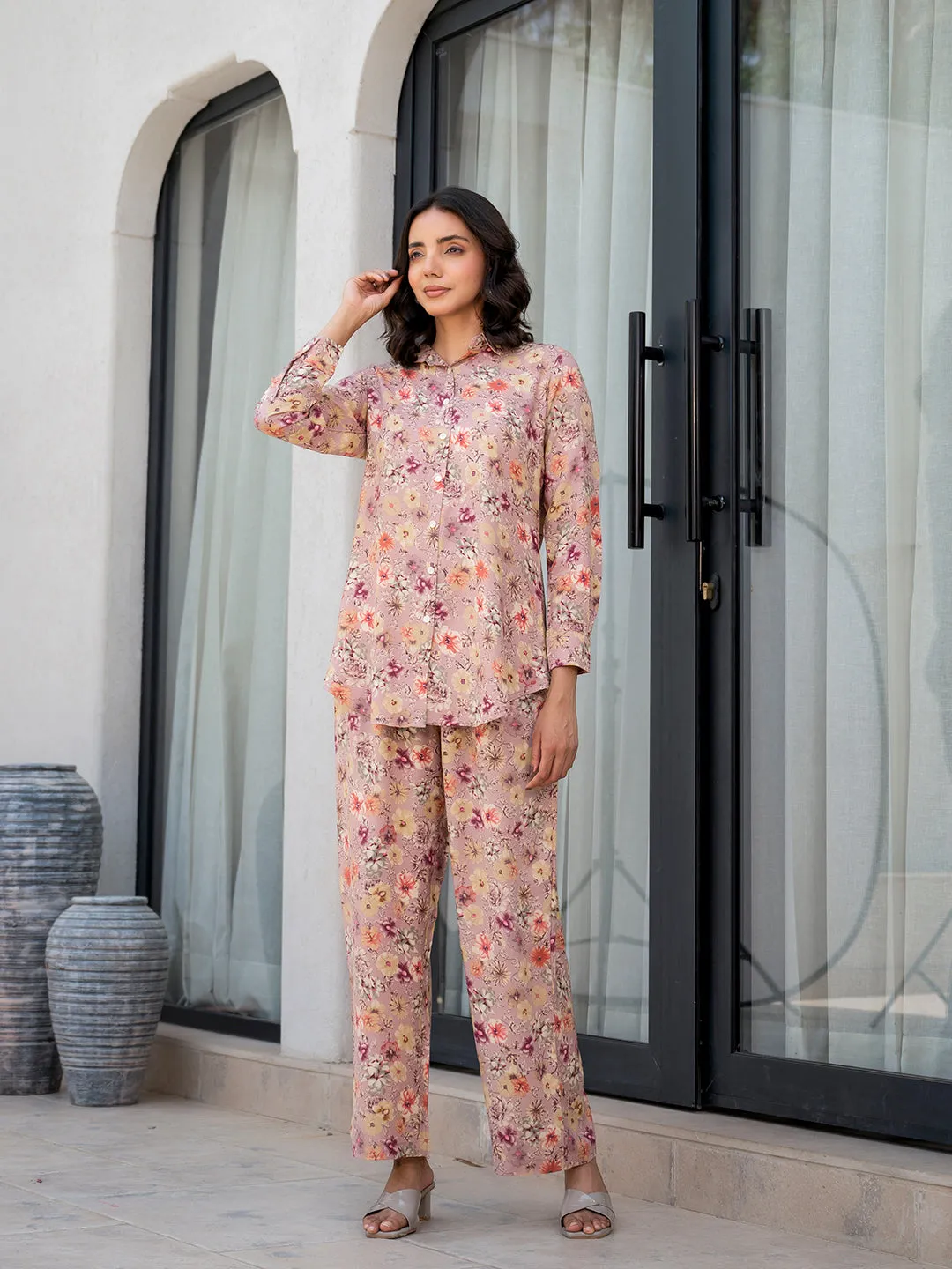 Jashvi Purple Multi Floral Printed Rayon Co-ord Set