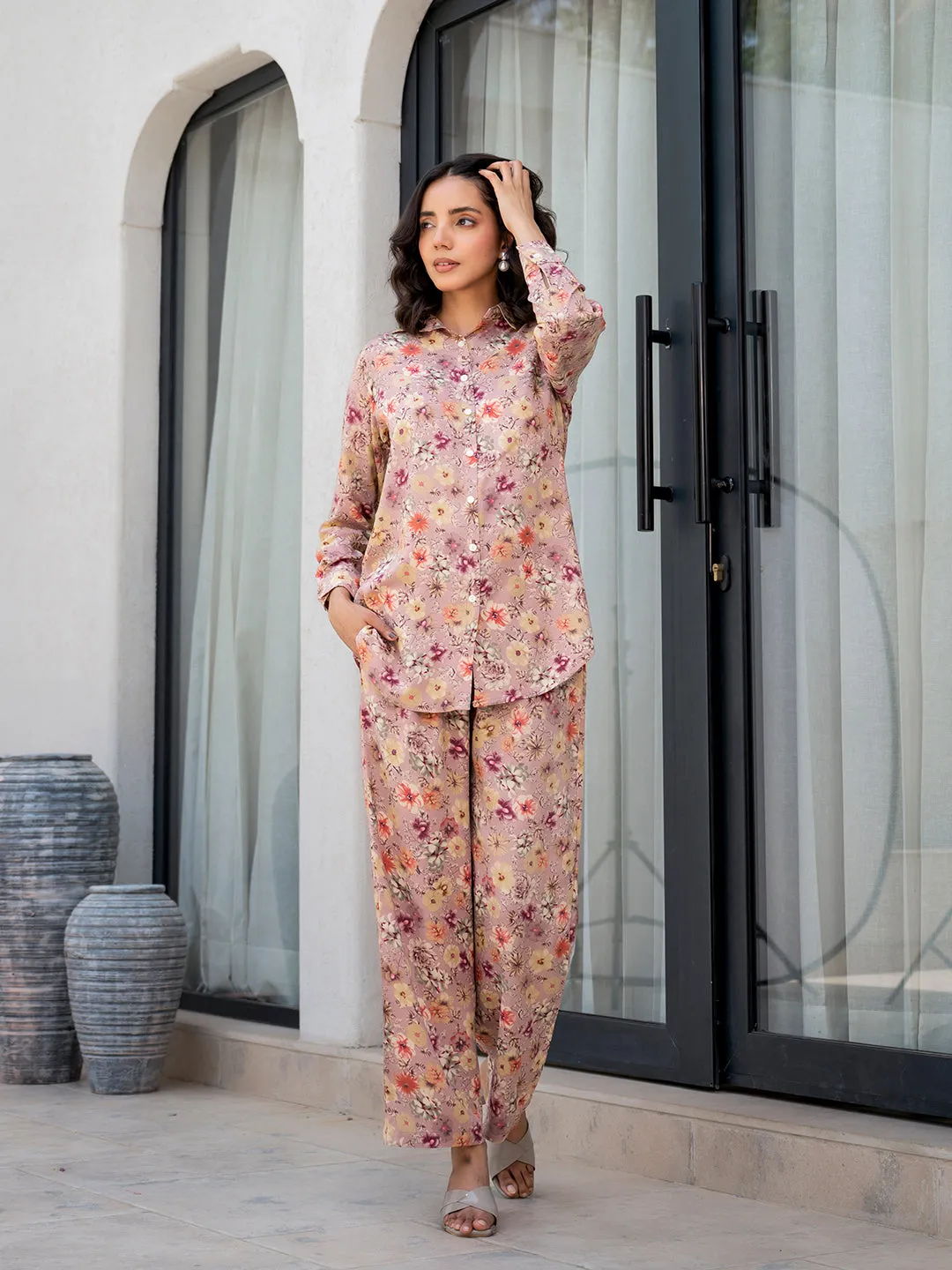 Jashvi Purple Multi Floral Printed Rayon Co-ord Set
