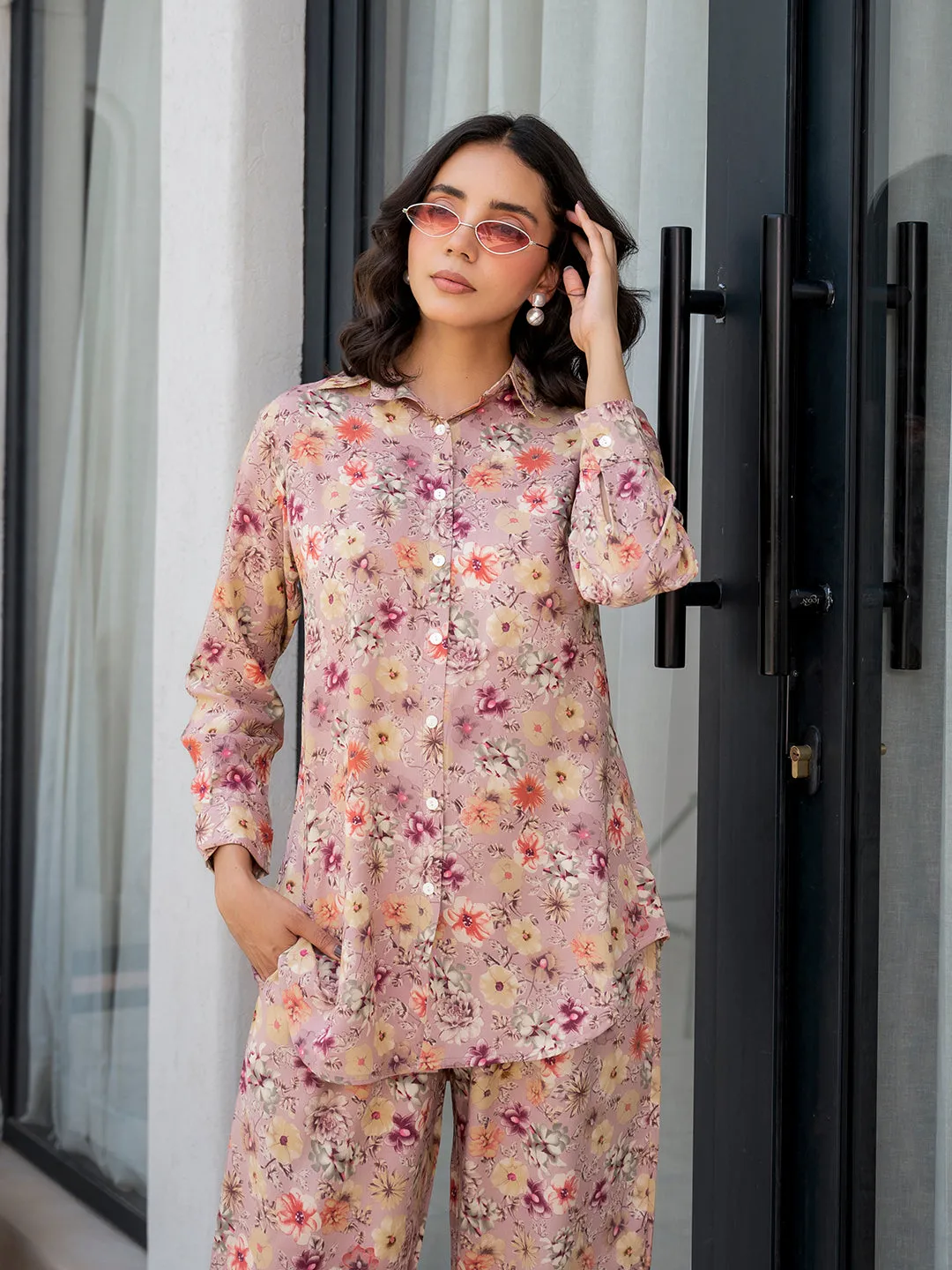 Jashvi Purple Multi Floral Printed Rayon Co-ord Set