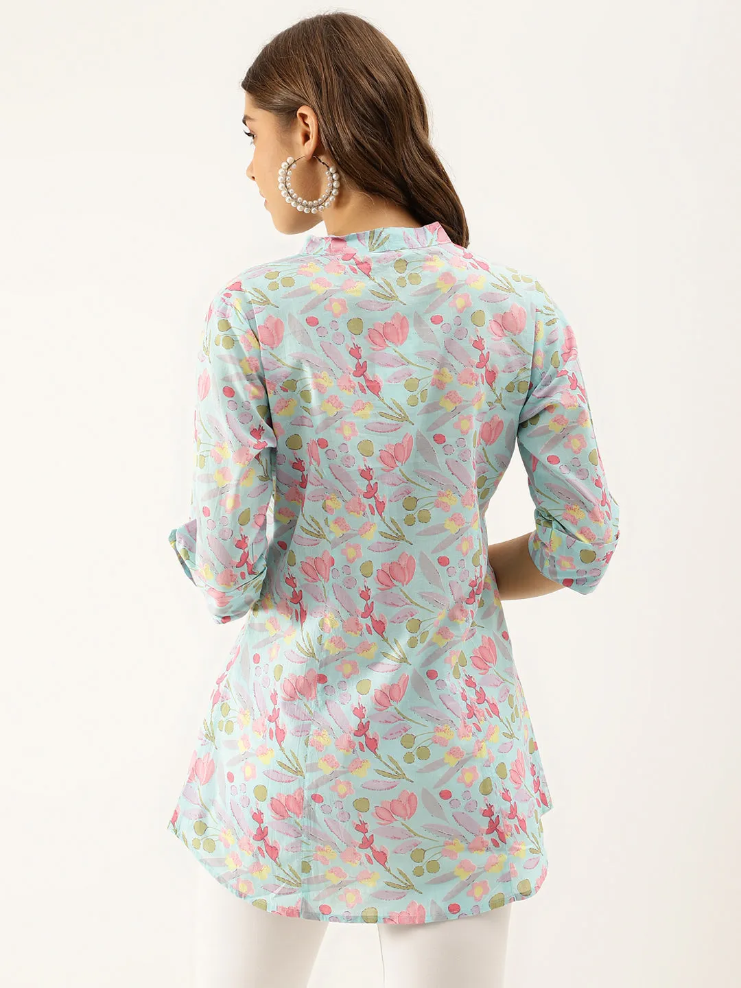 Jashvi Sky Blue Printed Cotton Regular Fit Top
