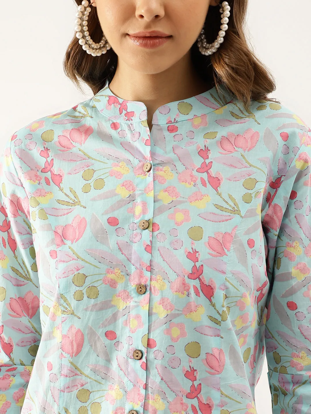 Jashvi Sky Blue Printed Cotton Regular Fit Top