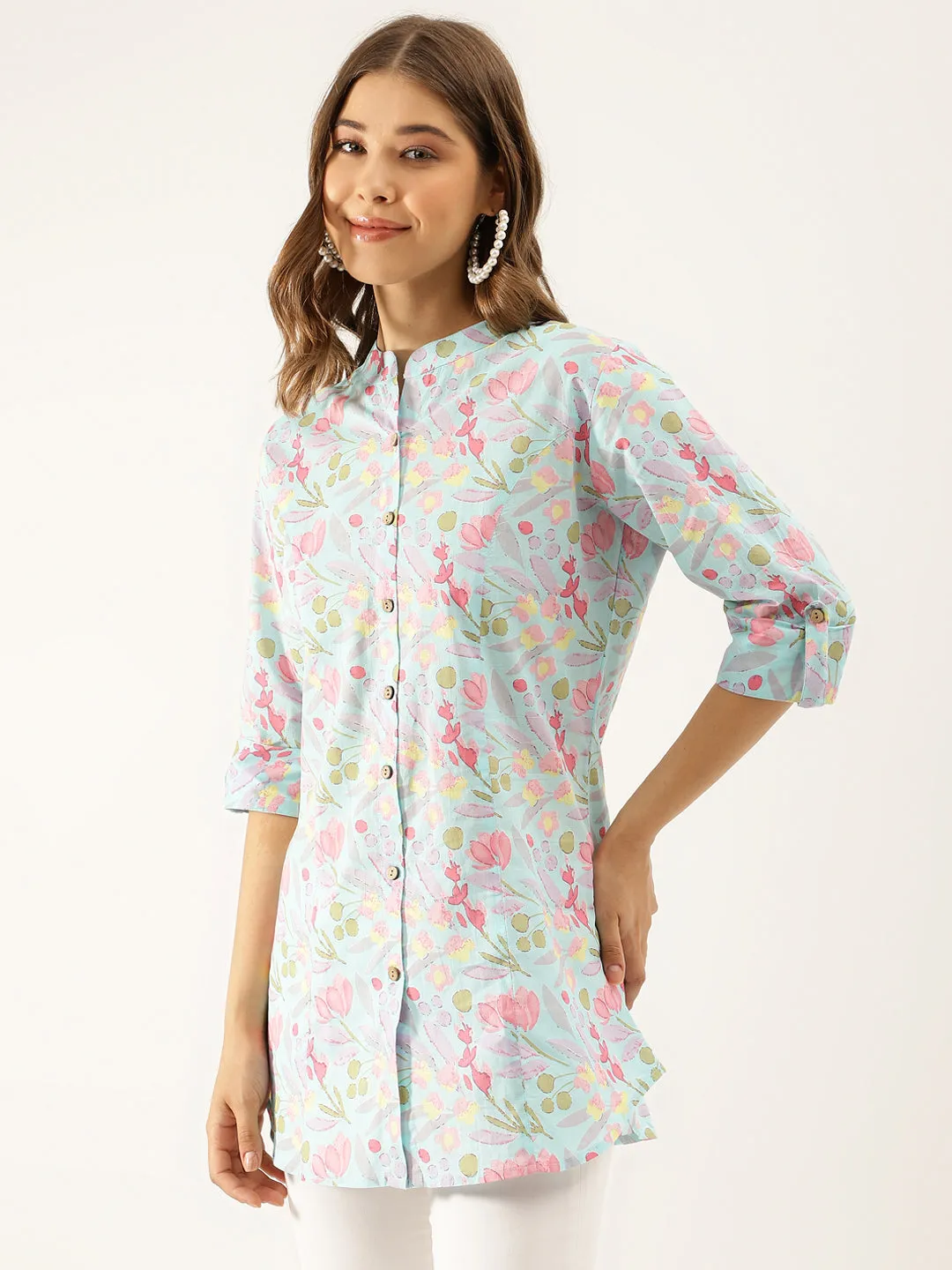 Jashvi Sky Blue Printed Cotton Regular Fit Top