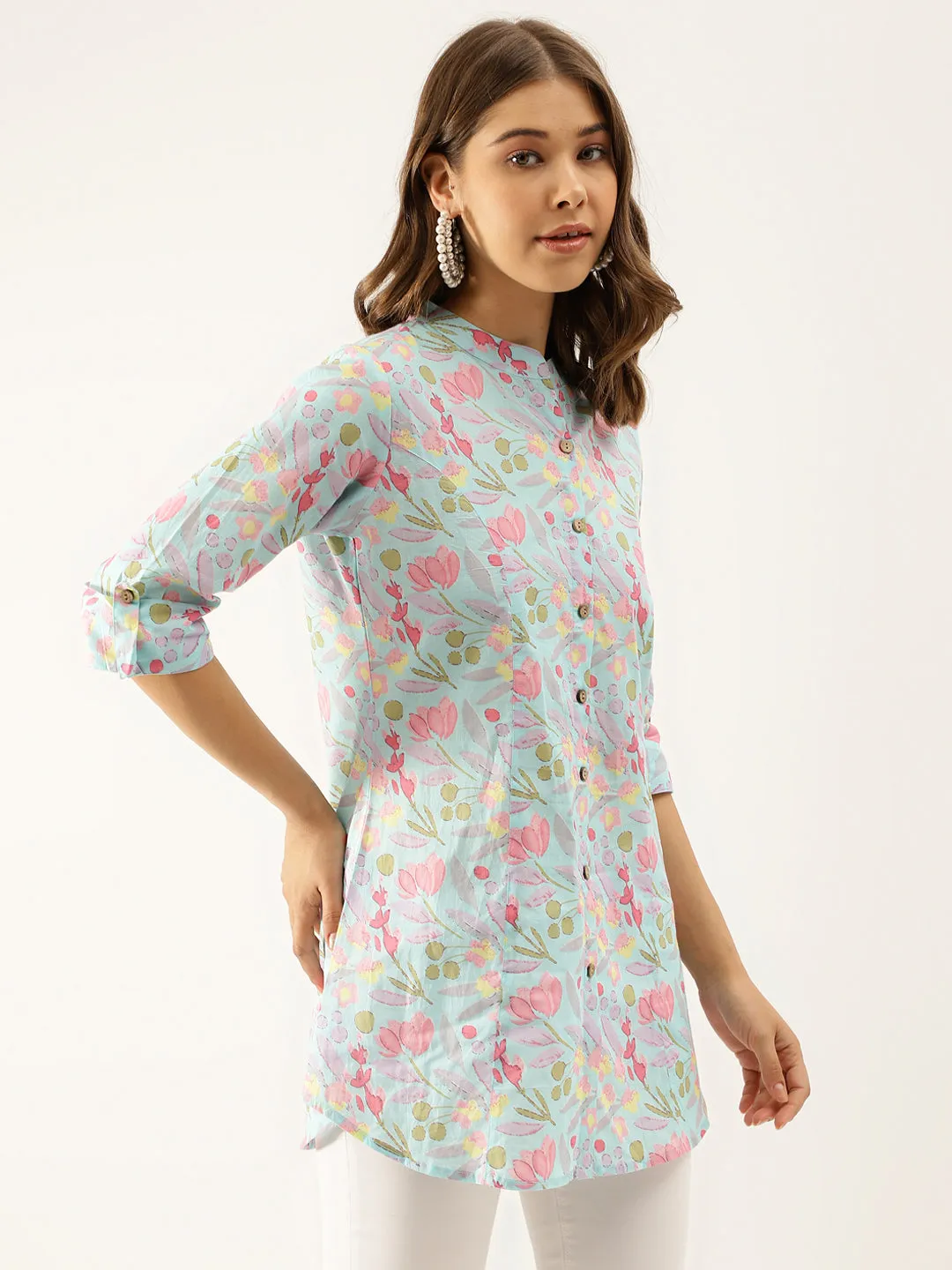 Jashvi Sky Blue Printed Cotton Regular Fit Top