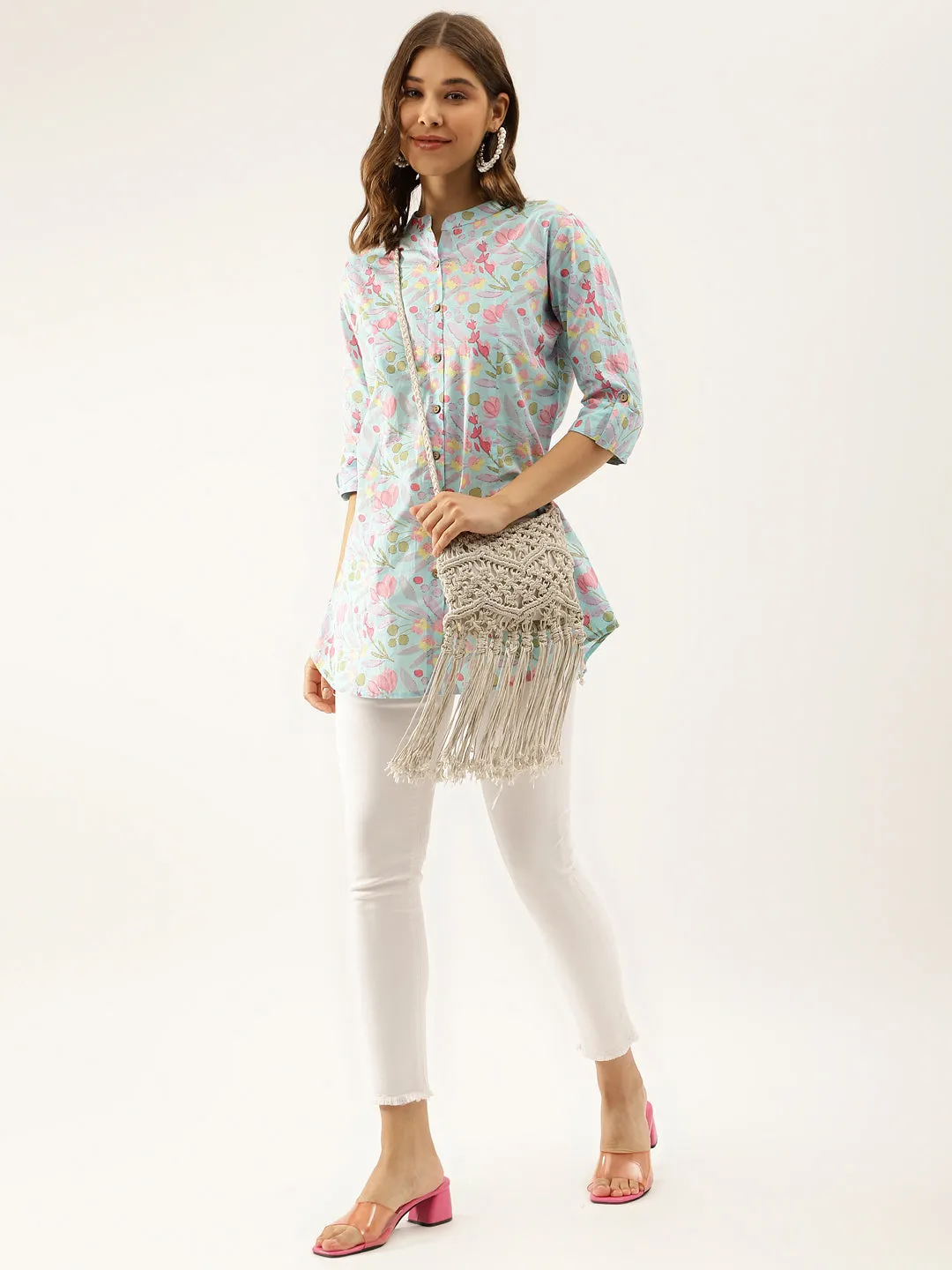 Jashvi Sky Blue Printed Cotton Regular Fit Top