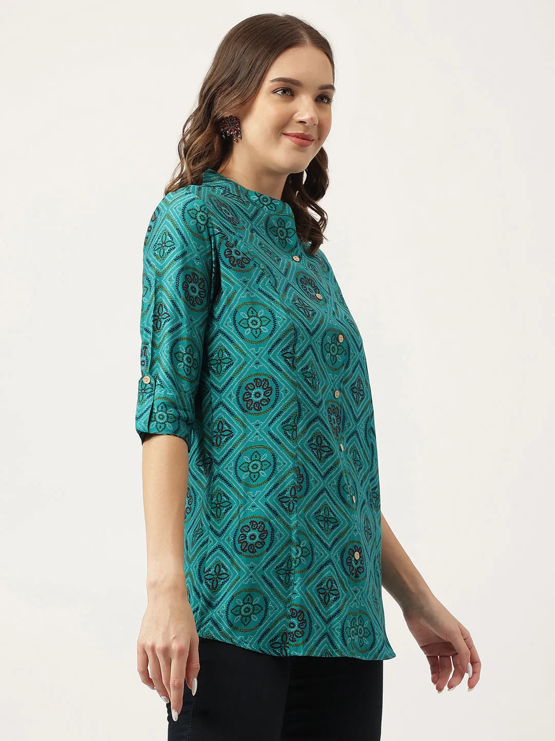 Jashvi Turquoise Blue Printed Muslin Fold Sleeve top