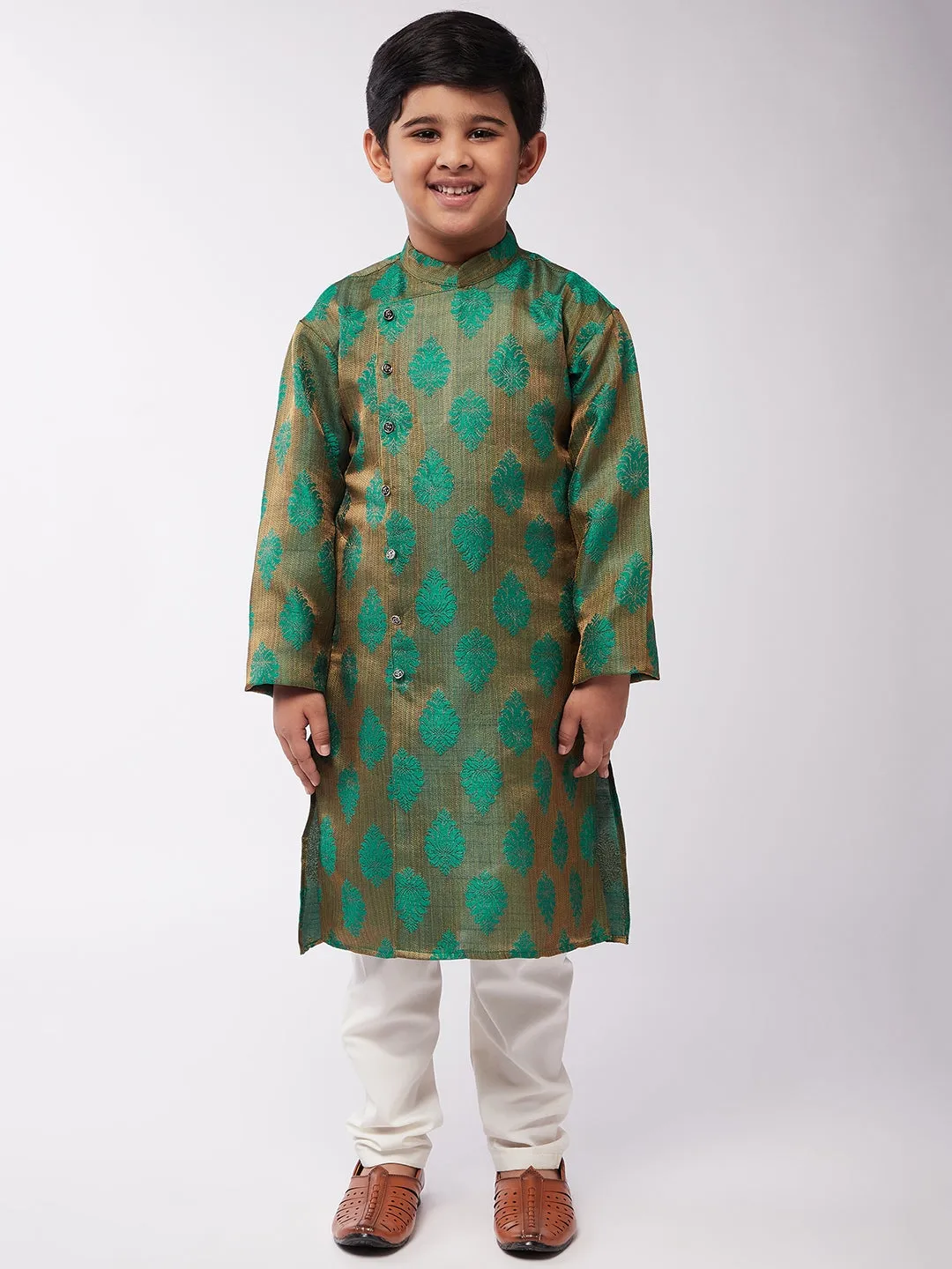 Kid's Jacquard Silk Dark Green Self Design Kurta & Off-White Churidar Pyjama Set - Sojanya KID