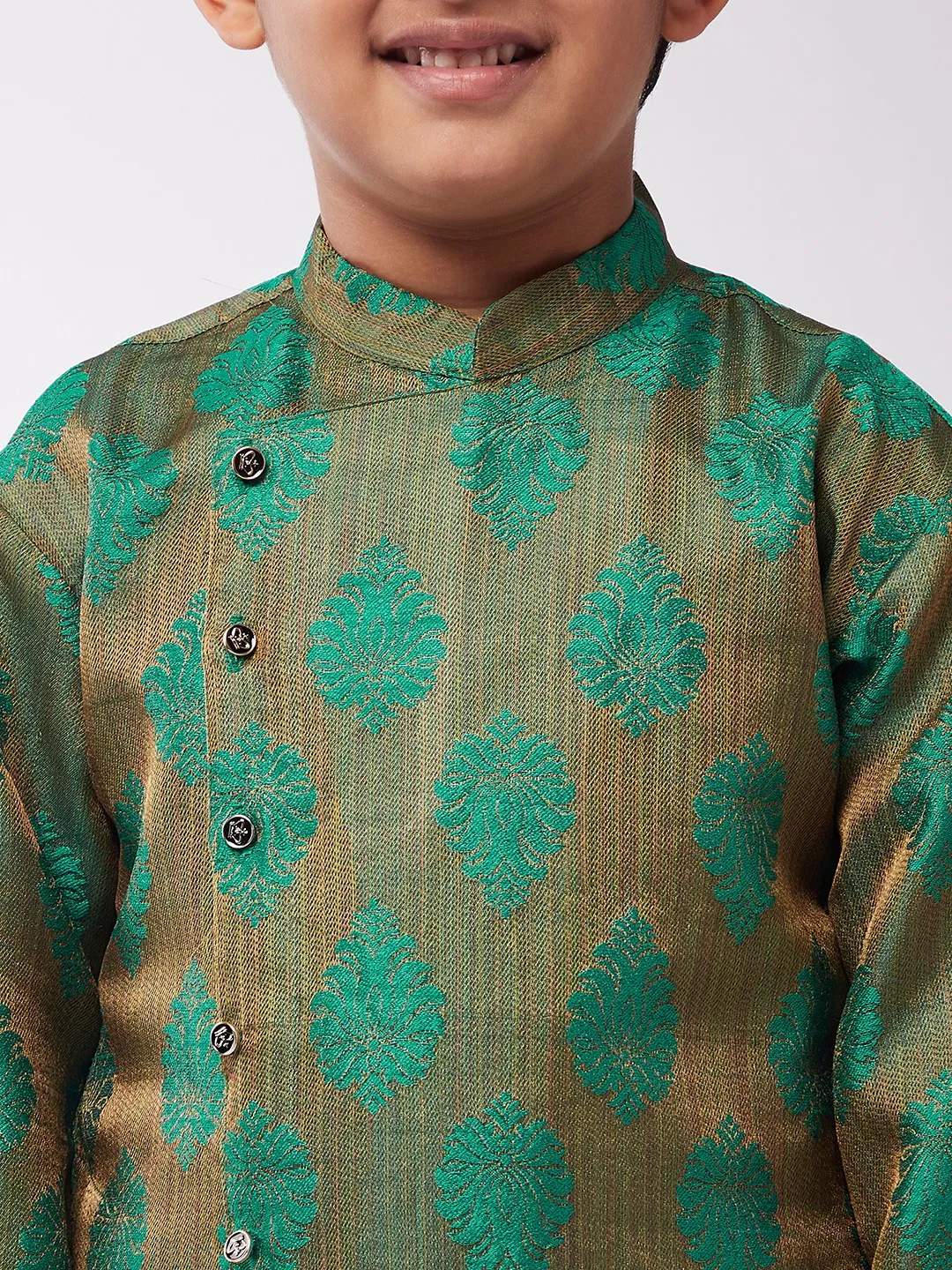 Kid's Jacquard Silk Dark Green Self Design Kurta & Off-White Churidar Pyjama Set - Sojanya KID