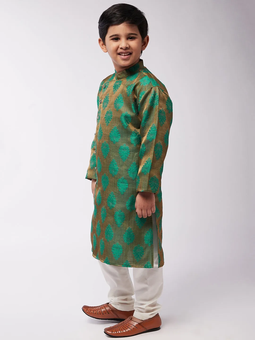 Kid's Jacquard Silk Dark Green Self Design Kurta & Off-White Churidar Pyjama Set - Sojanya KID