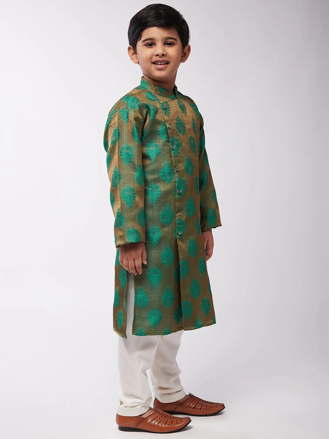 Kid's Jacquard Silk Dark Green Self Design Kurta & Off-White Churidar Pyjama Set - Sojanya KID