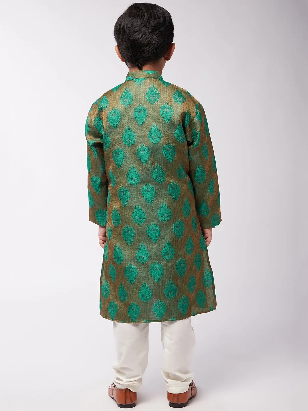 Kid's Jacquard Silk Dark Green Self Design Kurta & Off-White Churidar Pyjama Set - Sojanya KID