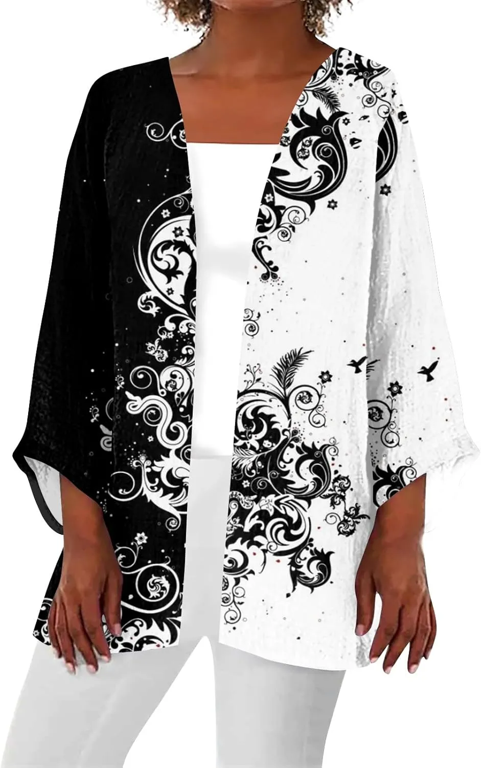 Kimonos for Women Casual 3/4 Sleeve Print Dressy Jacket Trendy Flowy Casual Loose Resort Wear Open Front Cardigan