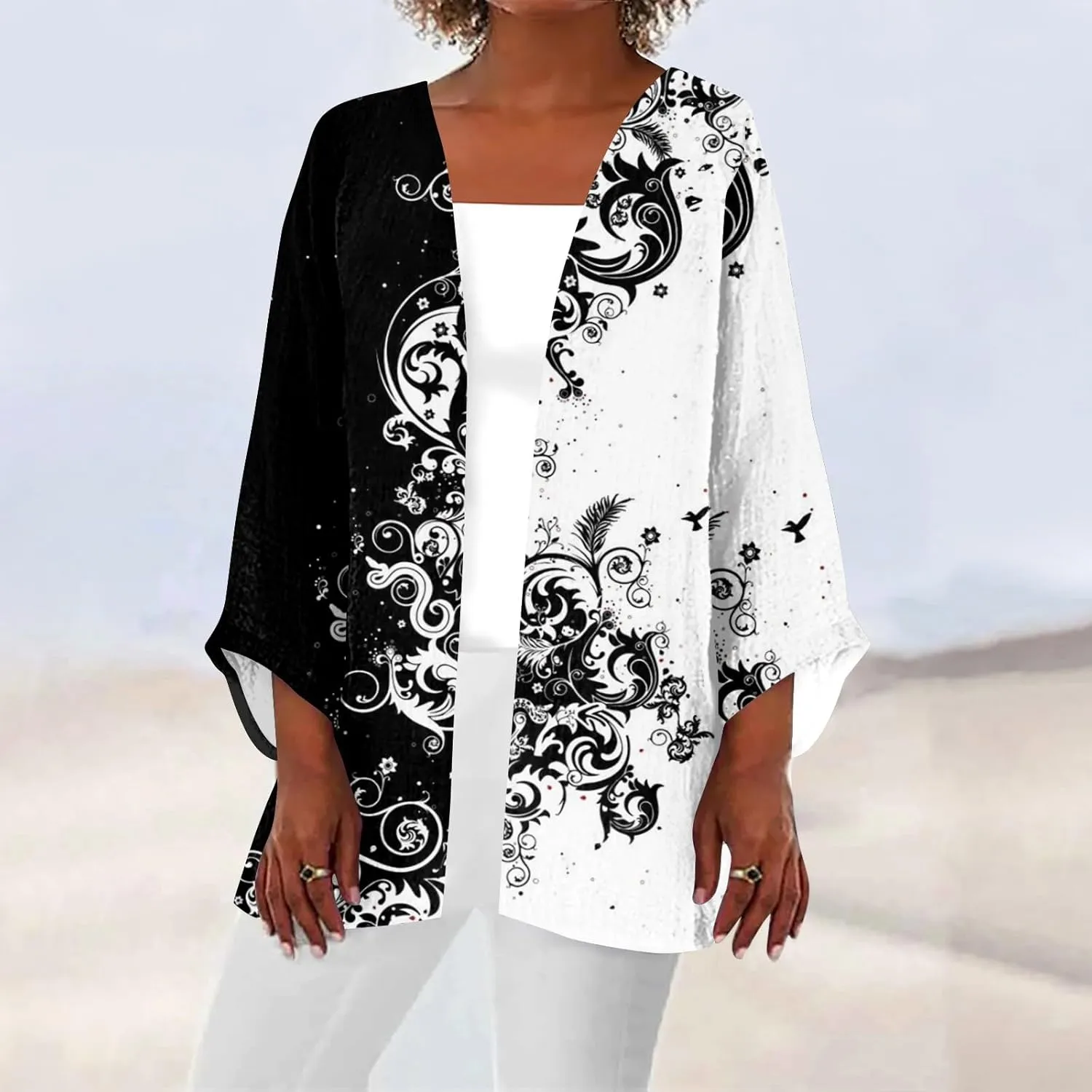 Kimonos for Women Casual 3/4 Sleeve Print Dressy Jacket Trendy Flowy Casual Loose Resort Wear Open Front Cardigan