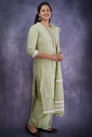 Light Green Straight Cut Cotton Kurta, Pants and Dupatta set