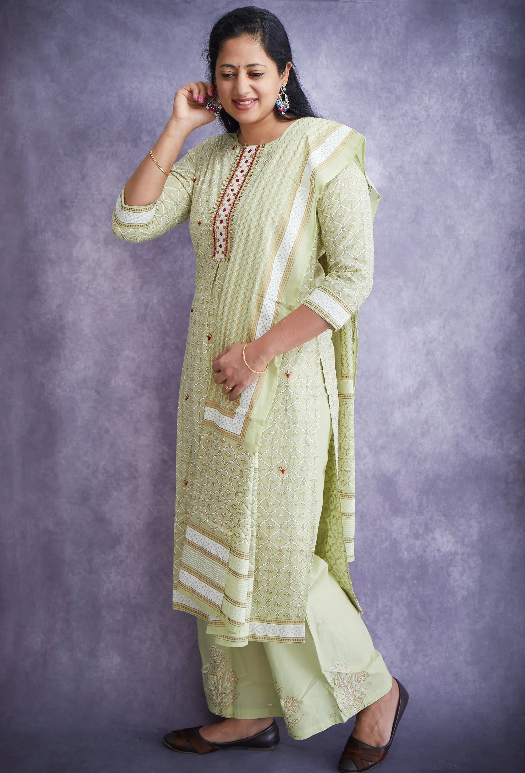 Light Green Straight Cut Cotton Kurta, Pants and Dupatta set