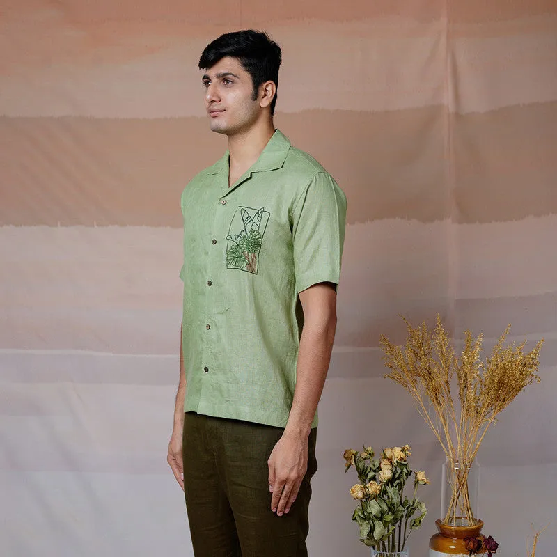 Linen Half Sleeves Shirt | Cream | Tropical Leaf