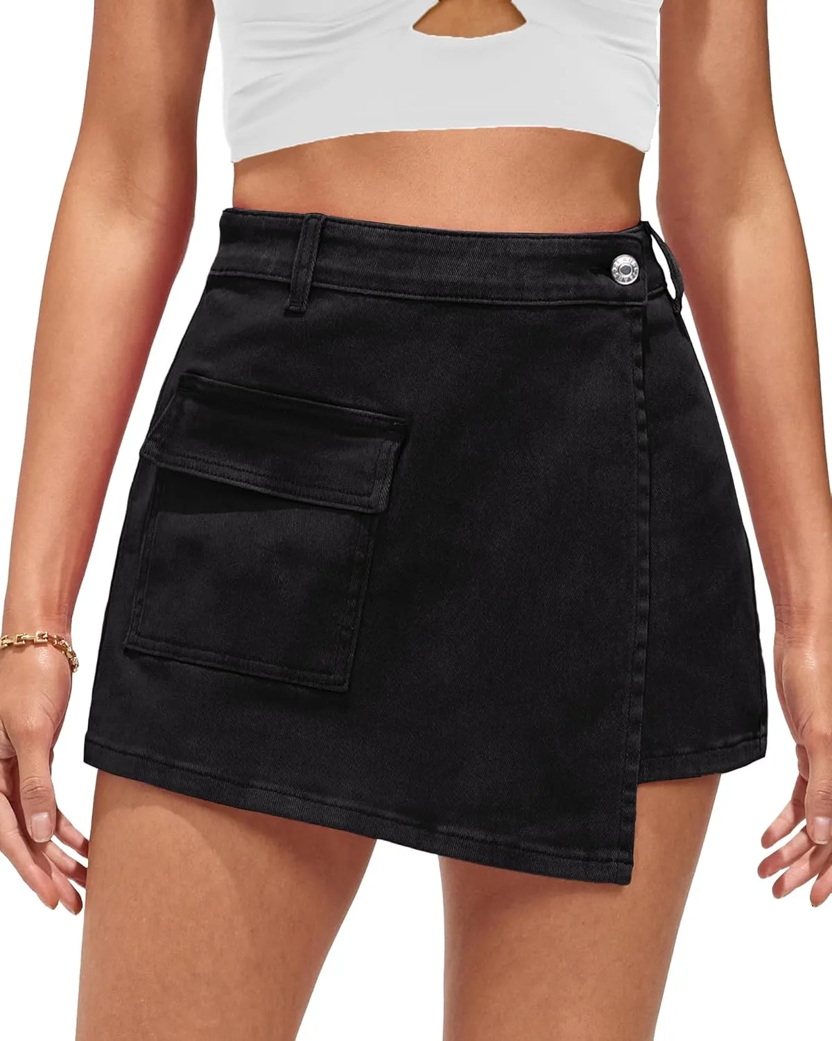 luvamia Denim Skorts for Woman Cargo Faux Wrap Jean Skort Skirts Stretchy High Waisted Skirt Shorts Country Concert Wear
