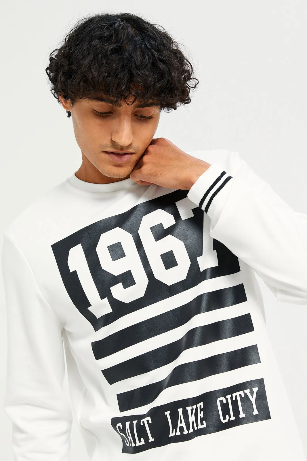 Men White Printed Sweatshirt
