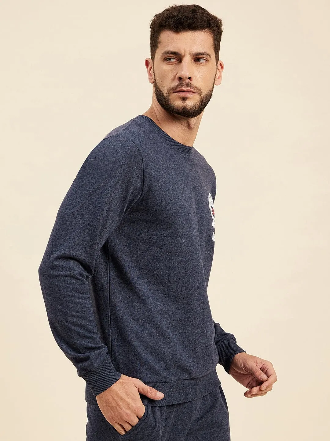 Men's Blue Melange Skull Print Sweatshirt - LYUSH-MASCLN