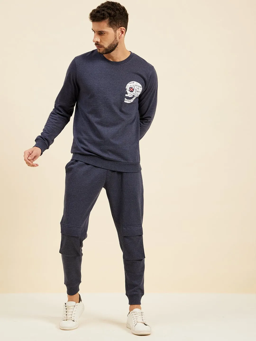 Men's Blue Melange Skull Print Sweatshirt - LYUSH-MASCLN