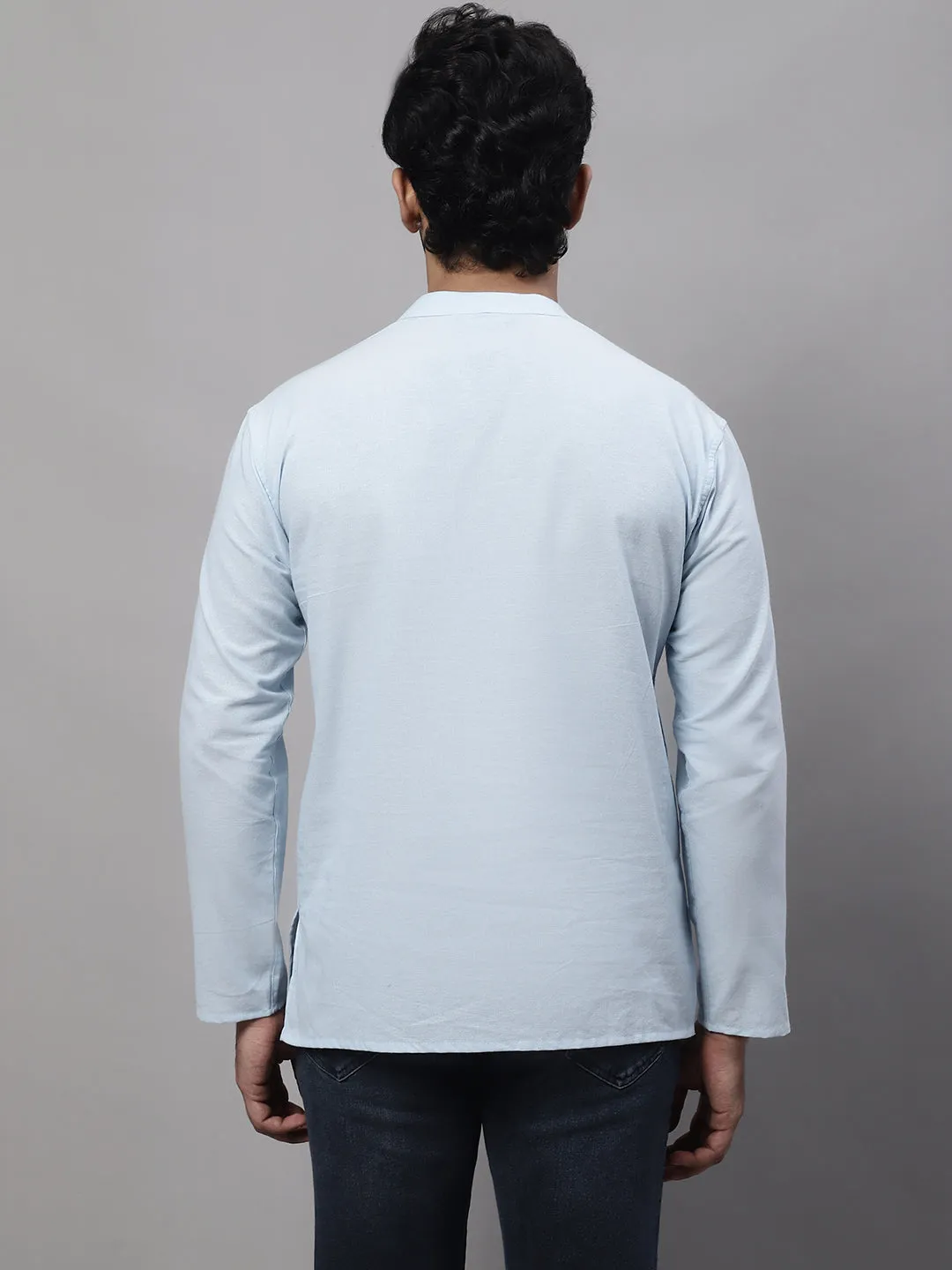 Men's Blue Pure Cotton Kurta With Band Collar - Even Apparels