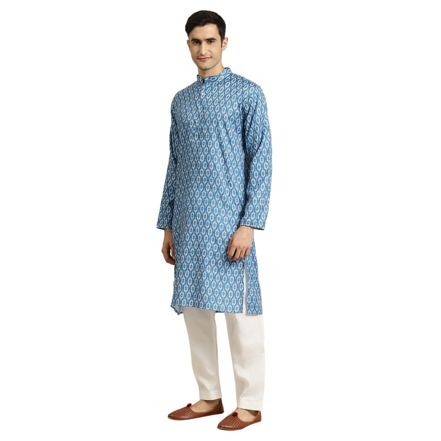 Men's Cotton Blue Printed Kurta & White Churidar Pyjama Set - Sojanya