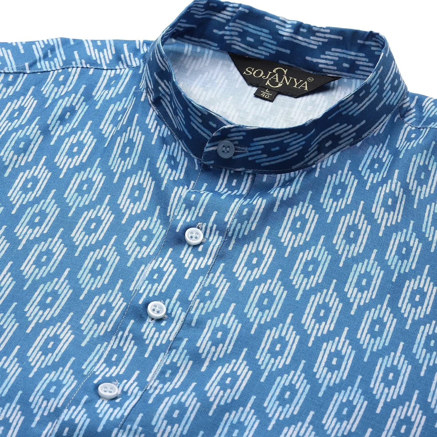 Men's Cotton Blue Printed Kurta & White Churidar Pyjama Set - Sojanya