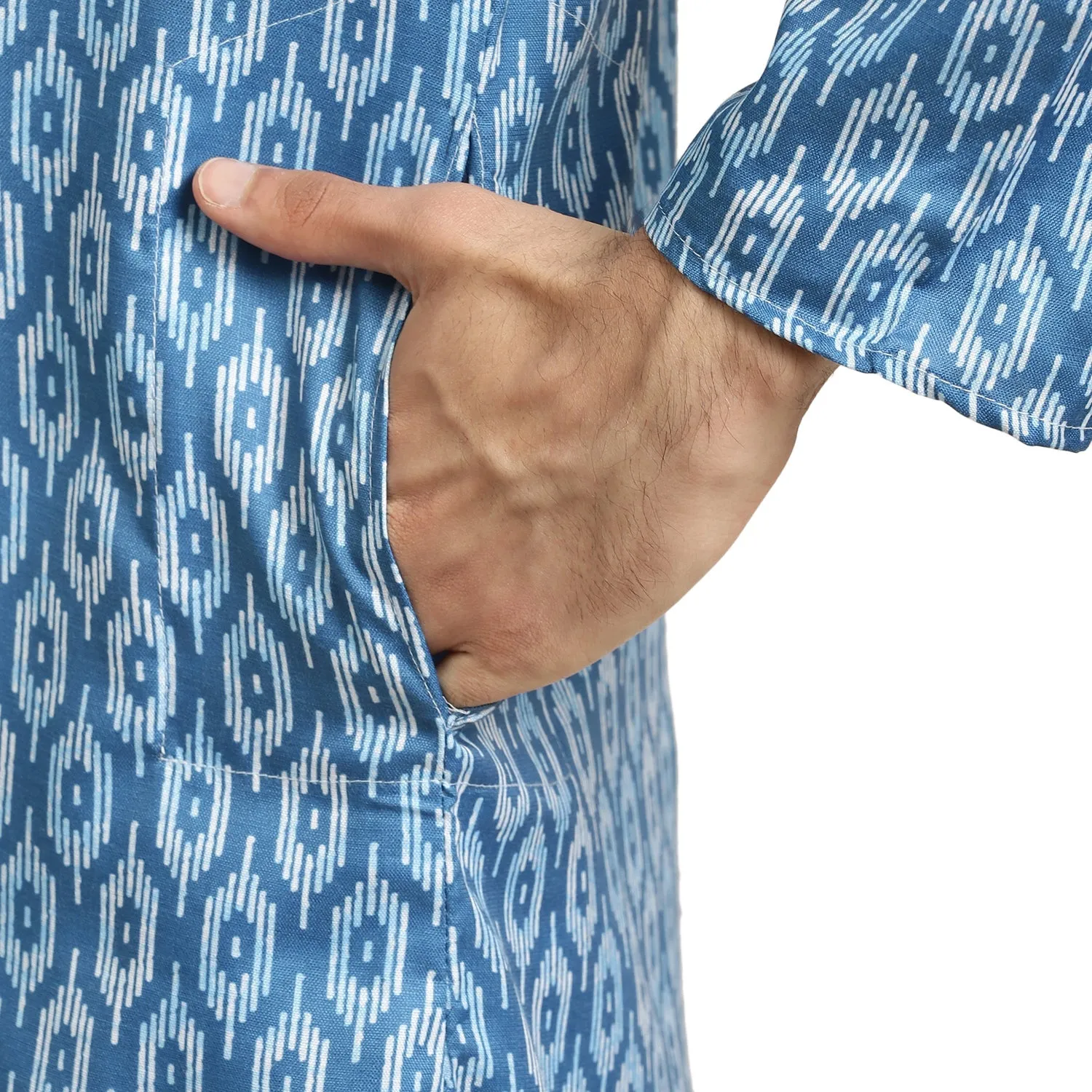 Men's Cotton Blue Printed Kurta & White Churidar Pyjama Set - Sojanya