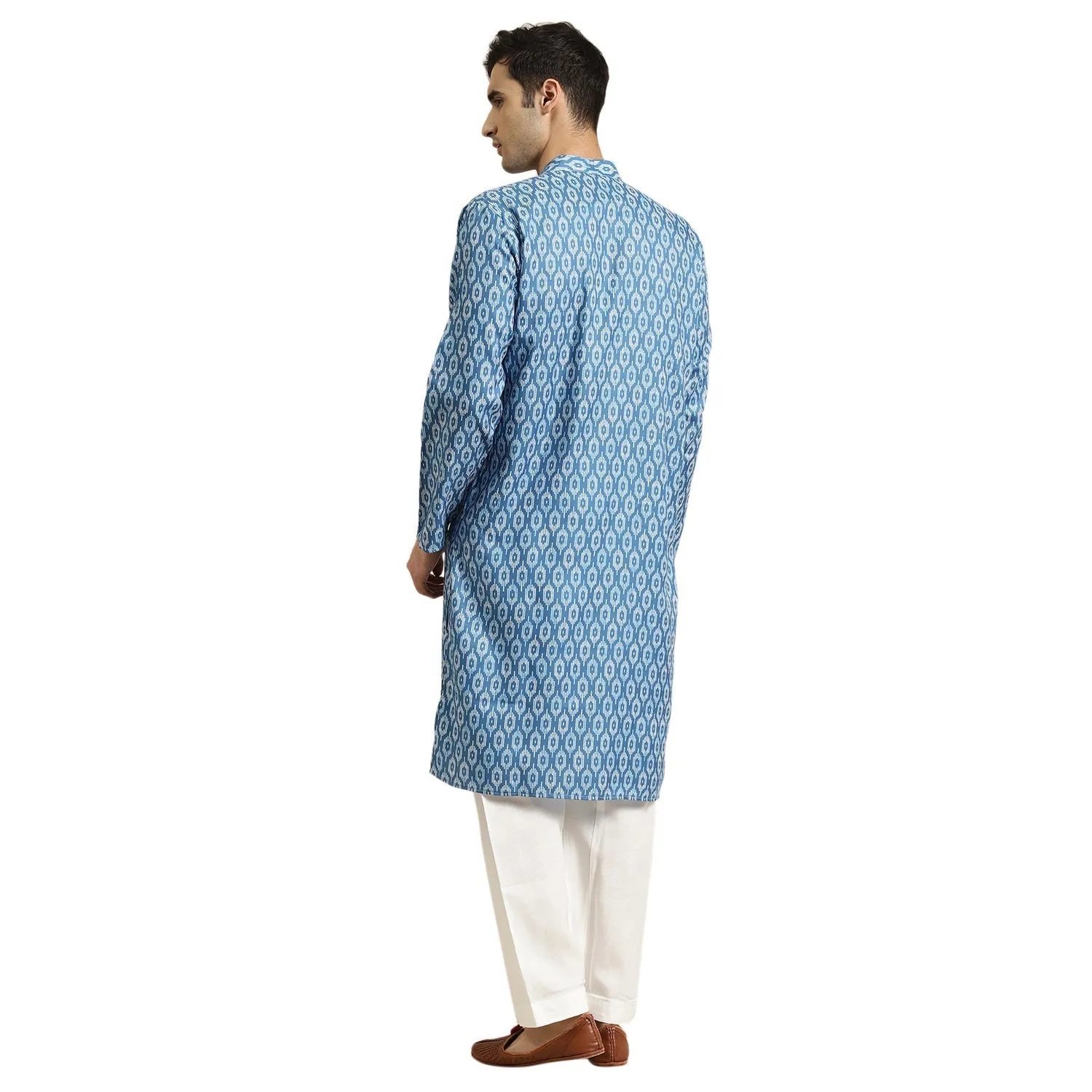 Men's Cotton Blue Printed Kurta & White Churidar Pyjama Set - Sojanya
