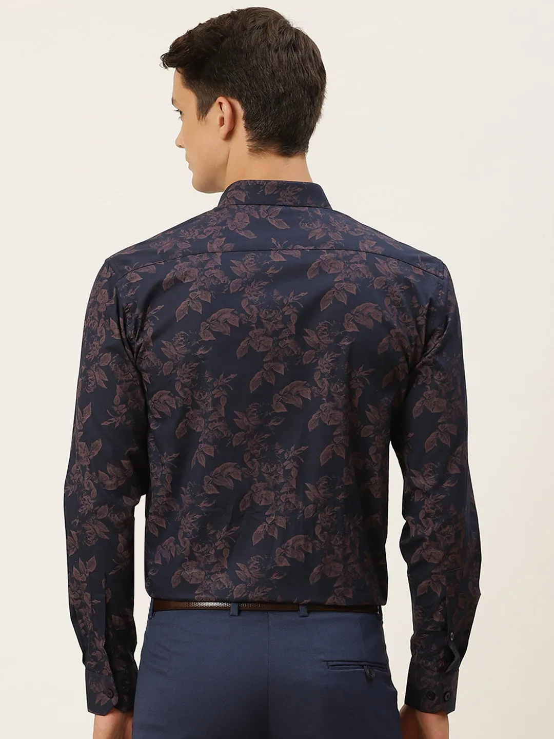 Mens Cotton Navy Blue & Peach Printed Formal Shirt - Sojanya